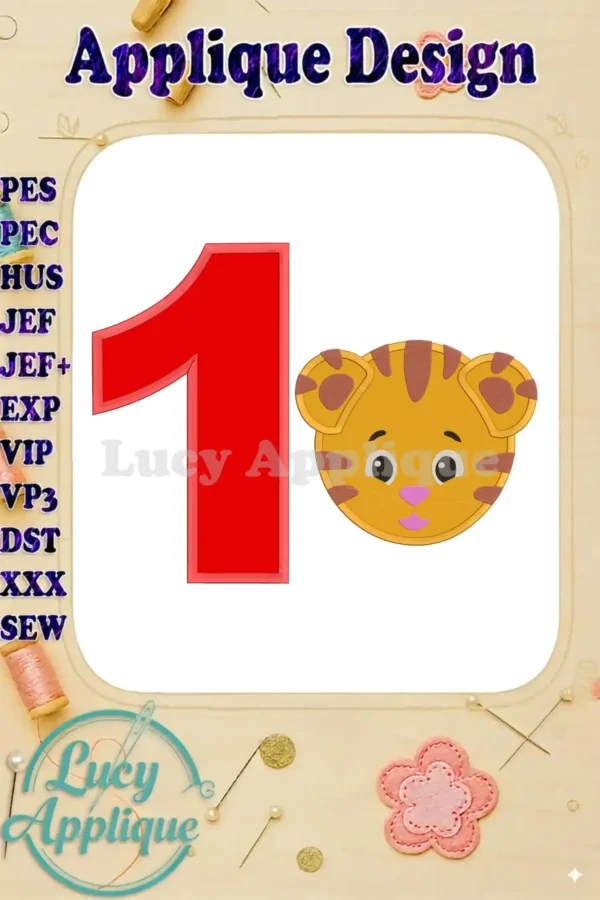 Embroidery design featuring Daniel Tiger's face and the number 1, ideal for a first birthday celebration. The design is presented on a white background, showcasing the applique style.