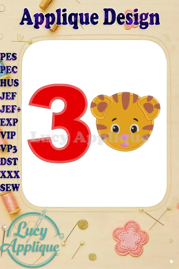 Daniel Tiger's face and the number 3 in applique design. This cheerful embroidery pattern is perfect for a 3rd birthday celebration. The design is shown on a white background, ready to be stitched.