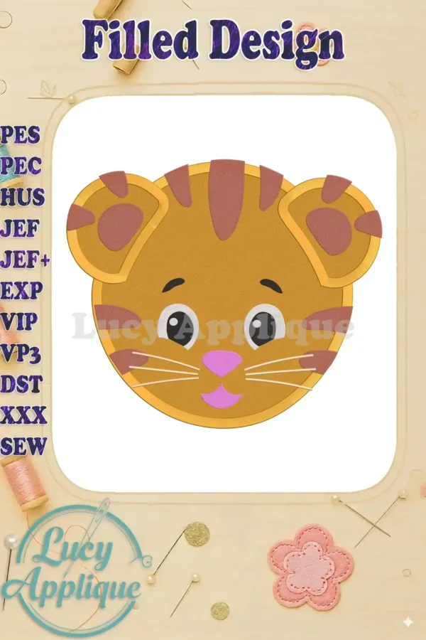 Embroidery design of Daniel Tiger's face. A cute, round design with orange and brown accents. Perfect for applique projects.