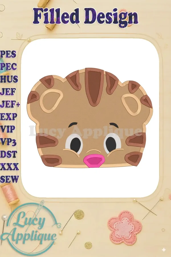 Embroidery design of Daniel Tiger, a friendly tiger character, in brown and beige tones. The design is presented on a white background within a decorative frame.