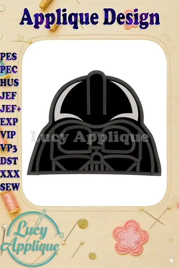 Darth Vader's helmet applique embroidery design. This image showcases the main design, suitable for various fabrics and projects. Includes multiple file formats.