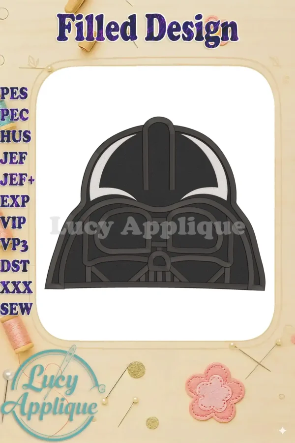 A close-up view of a Darth Vader helmet machine embroidery design, showcasing its filled stitch style and sharp details. The design is set against a white background and surrounded by decorative elements.