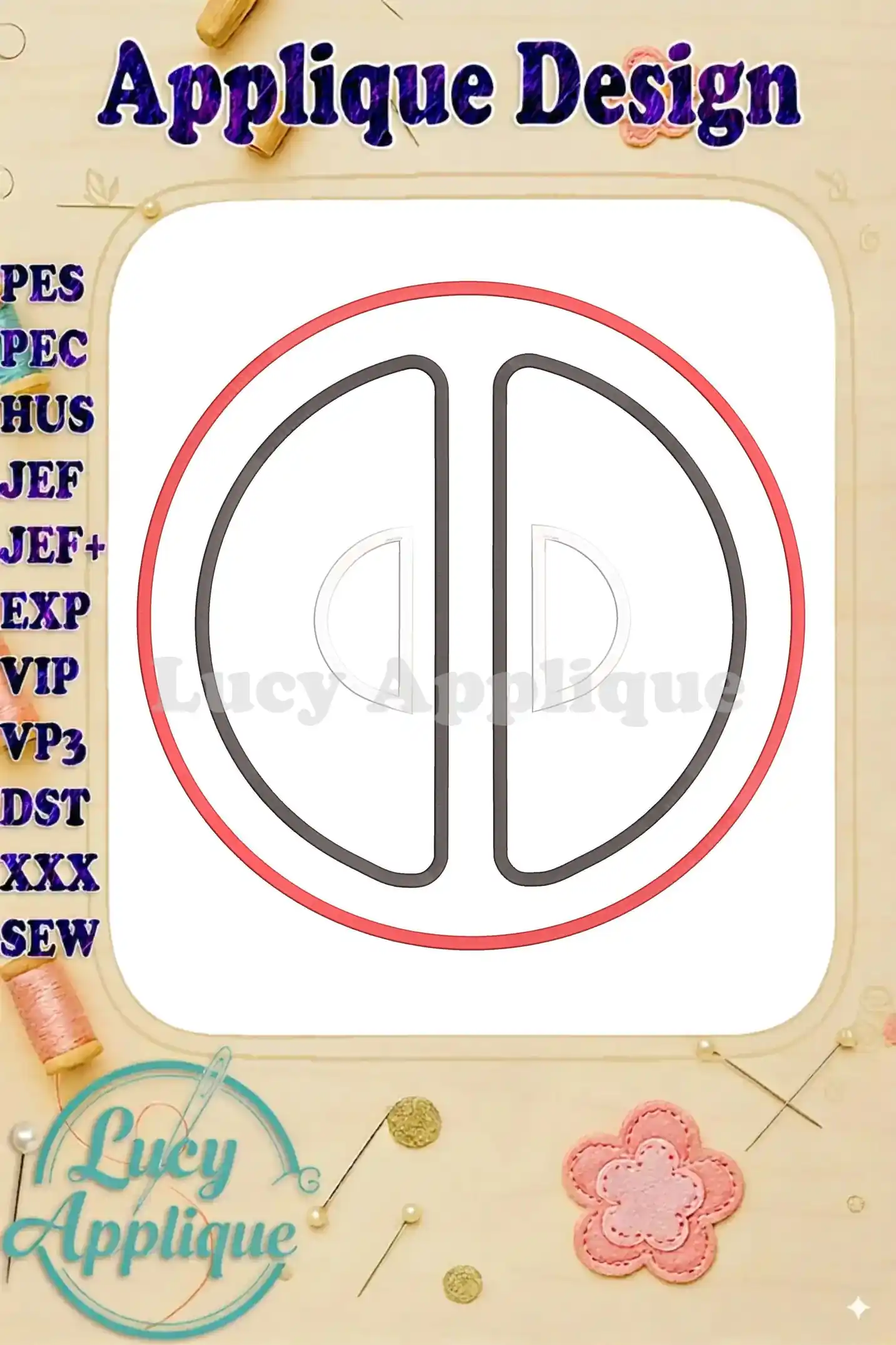 Main image showing the Deadpool applique design, showcasing the circular design with the iconic Deadpool symbol. Various embroidery file formats are listed.