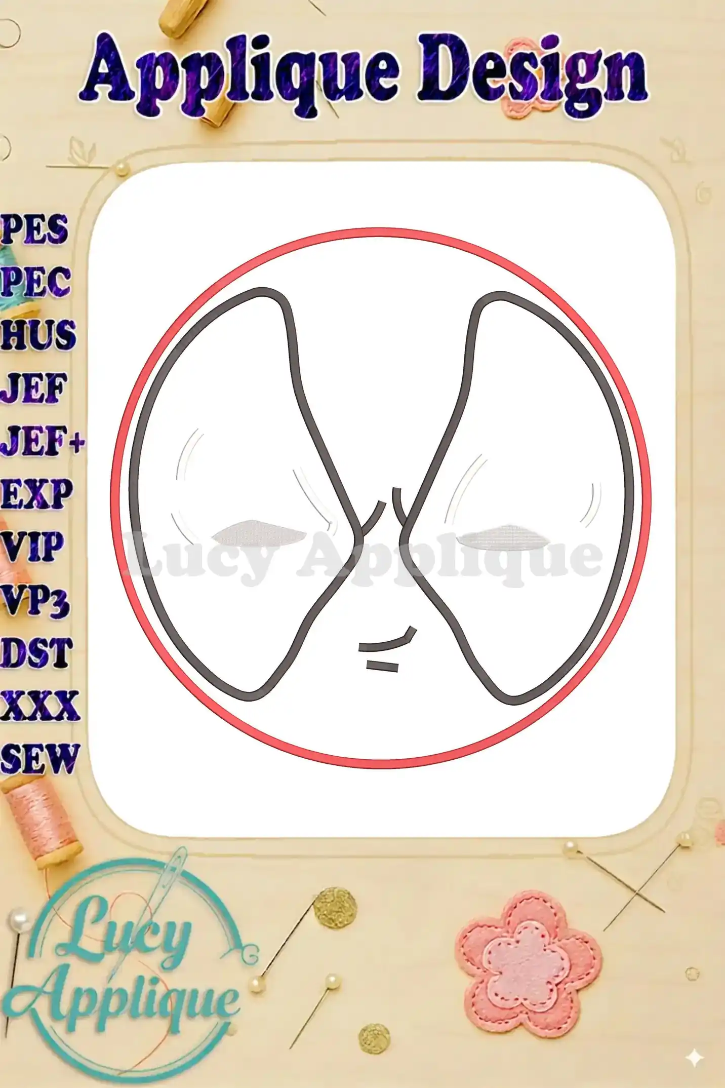 A charming Deadpool applique embroidery design in a red circle, perfect for adding a fun touch to your projects. Easy-to-follow instructions included.