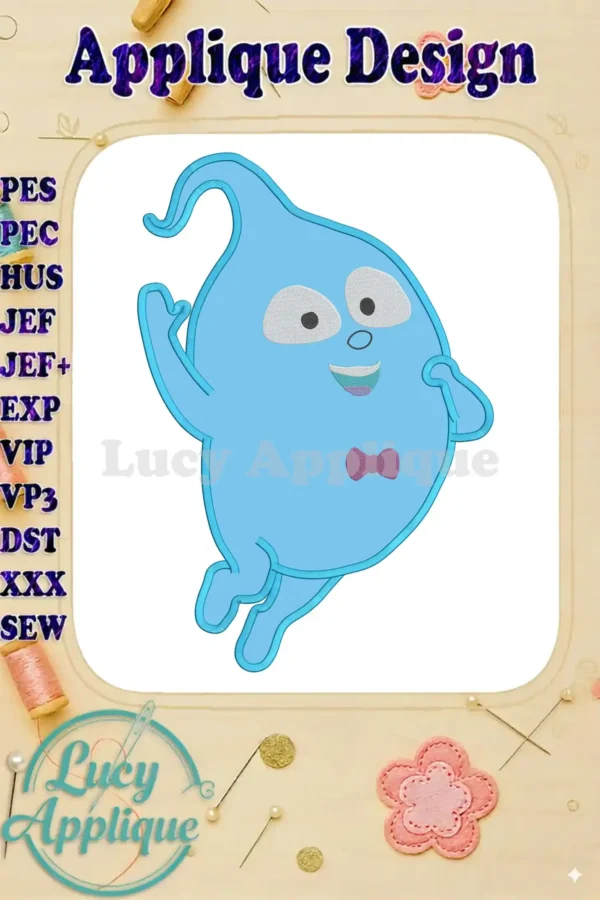 Main image showcasing the charming Demi Vampirina applique design, ready to be stitched. The design is presented on a white background with various file formats listed.