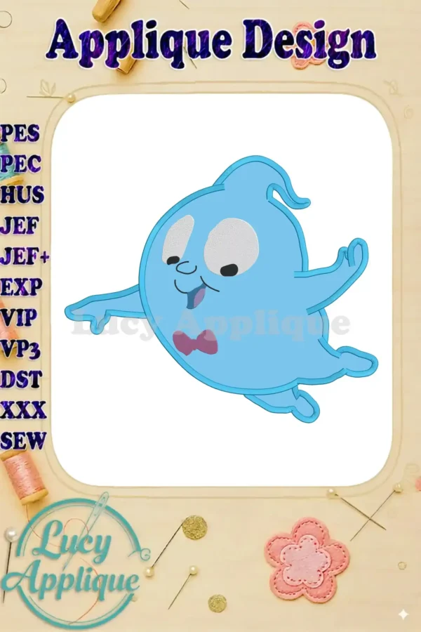 Adorable Demi Vampirina ghost applique design in light blue, perfect for sewing projects. Detailed image shows the design's features and stitch types.