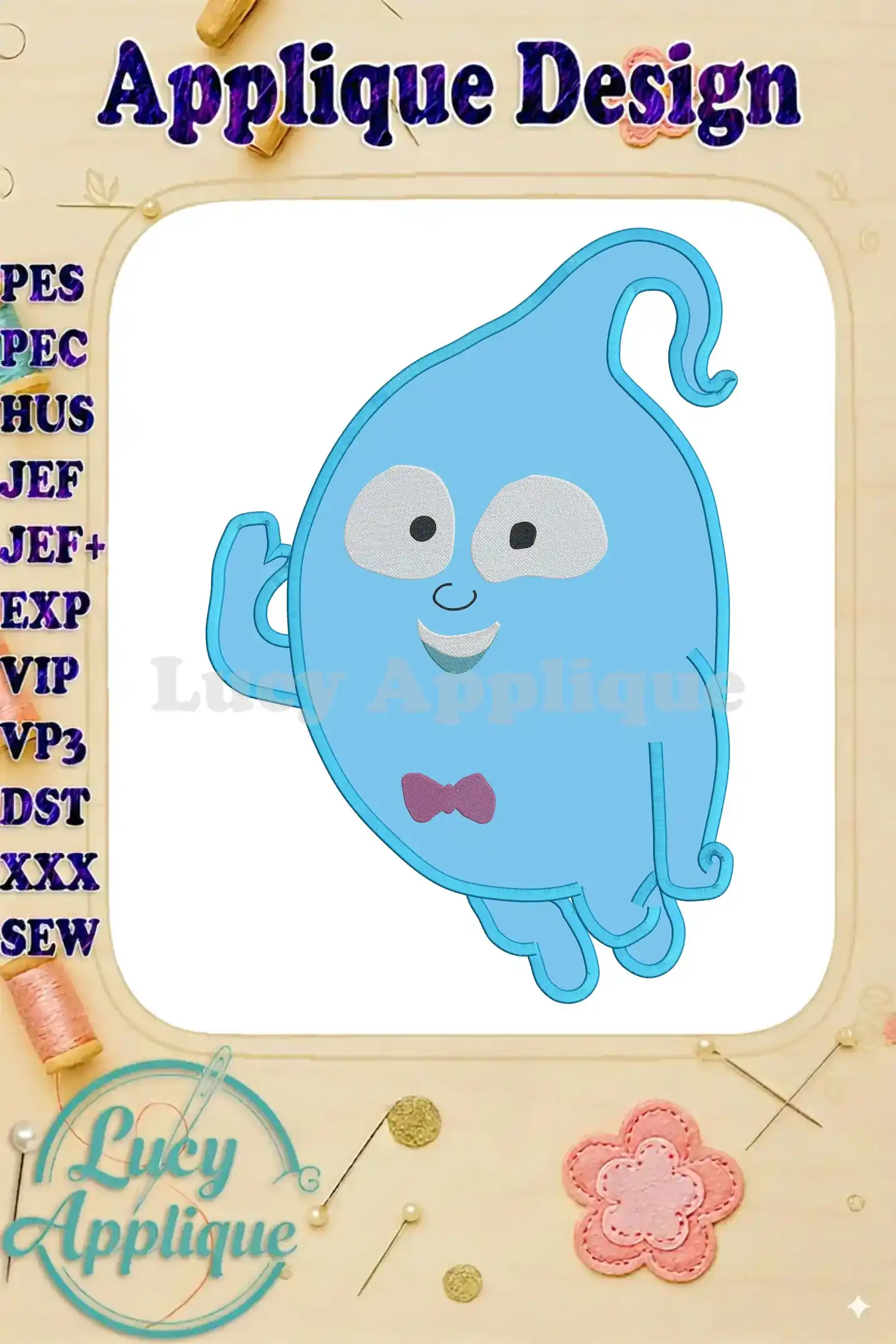 Embroidery design of Demi Vampirina ghost, light blue with a bow tie, in applique style. Various file formats are listed. Perfect for sewing projects!