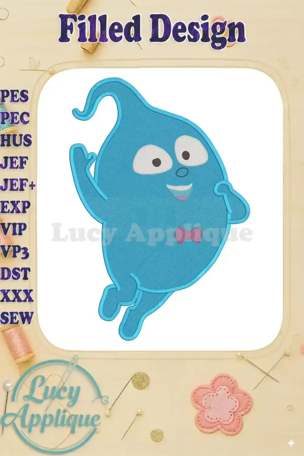 Embroidery design of Demi Vampirina, a cute blue ghost-like character with a bow tie, in a filled stitch style. The design is shown on a white background with decorative elements.
