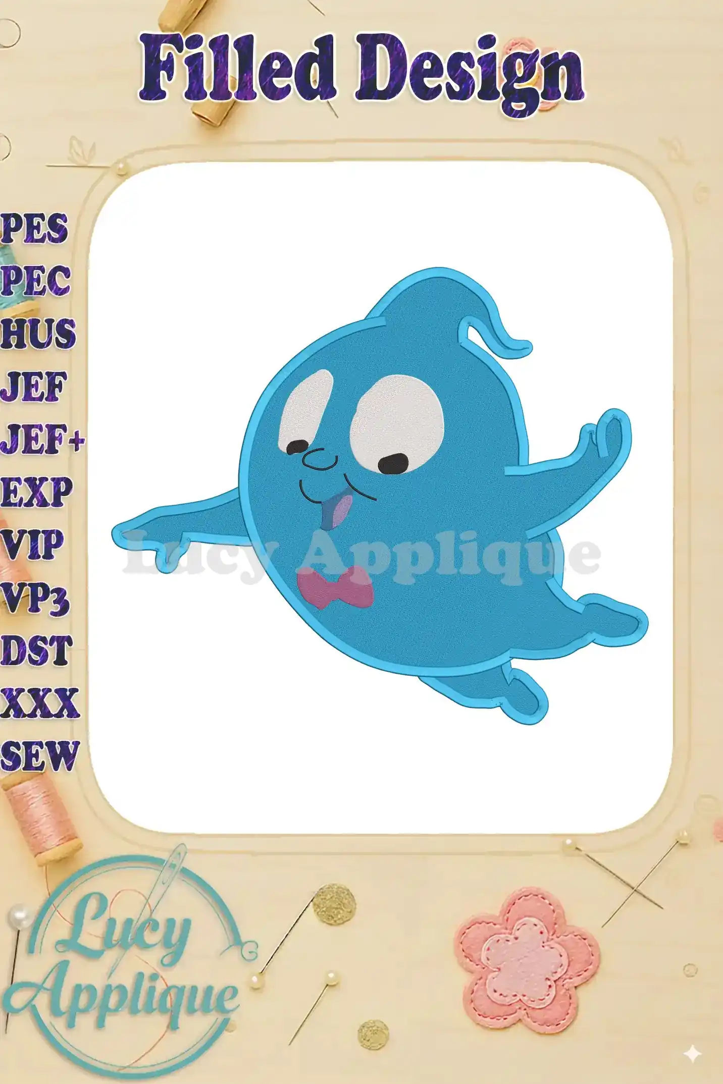 A charming filled embroidery design of Vampirina's ghost, showcasing vibrant blue and pink accents. Perfect for adding a whimsical touch to your projects.