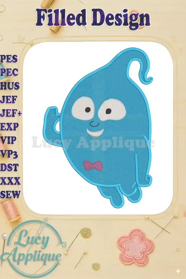 Embroidery design of Vampirina as a cute ghost, in blue with a pink bow tie. A filled design, perfect for various projects. Machine embroidery design.