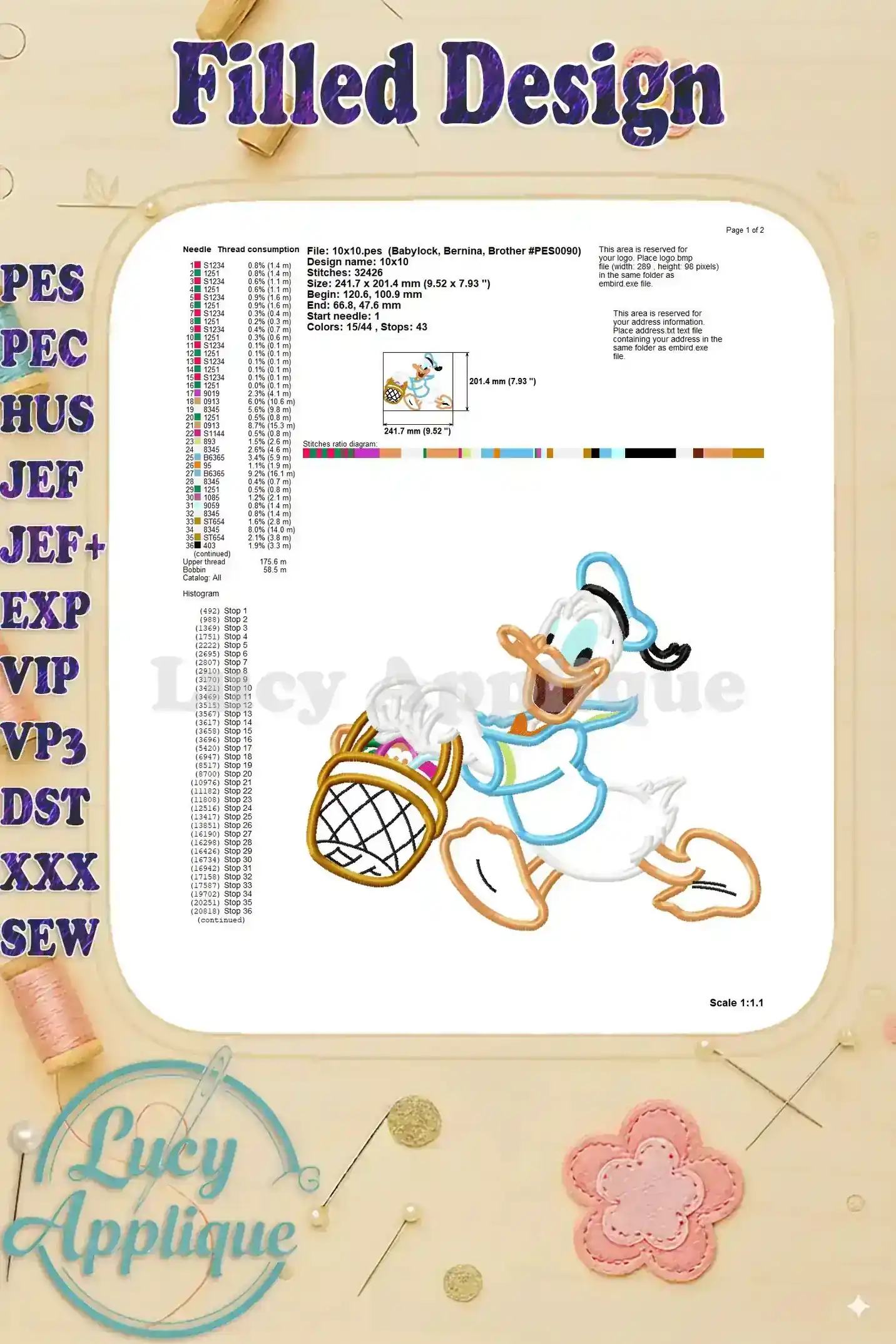 Third page of the filled design sheet for the Easter Donald Duck applique, providing additional details and stitch information.