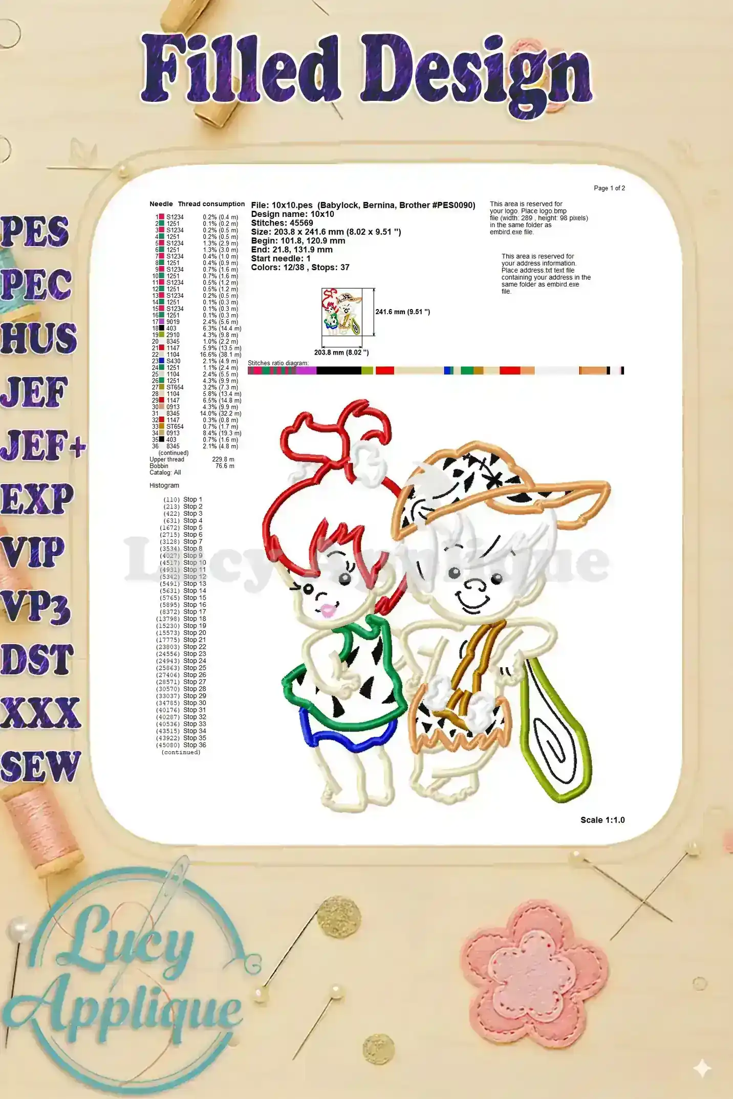 Filled design color chart and additional details for the Pebbles and Bamm Bamm applique, including stitch count and size information.