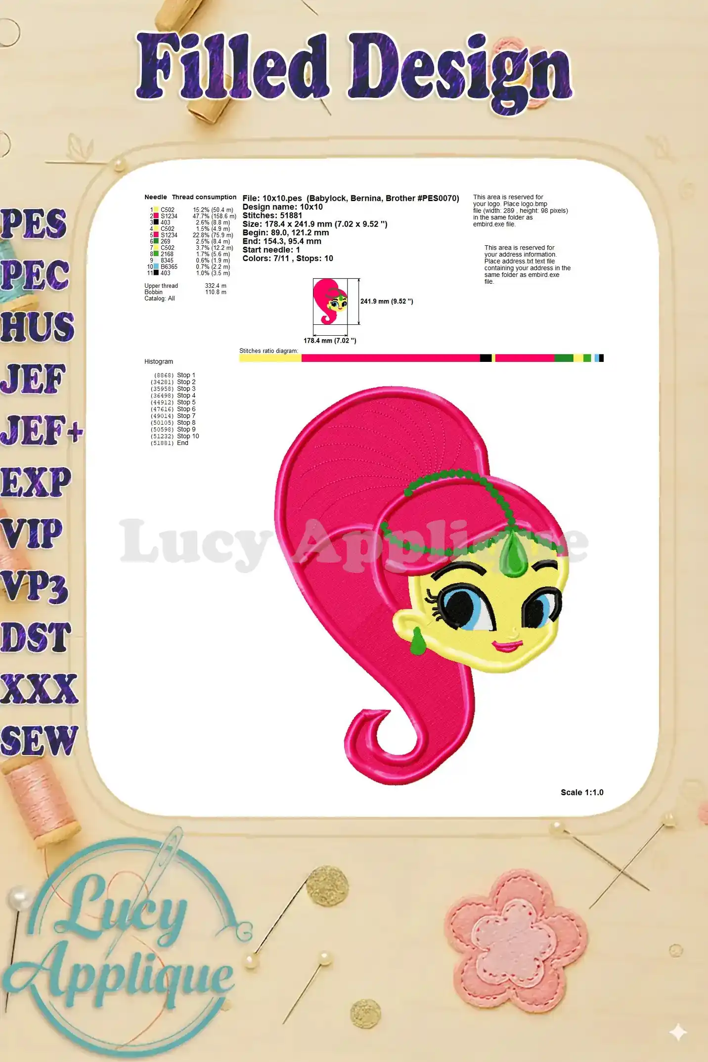 A detailed infographic showing the thread consumption, design size, and stitch diagram for the Shimmer and Shine embroidery design.