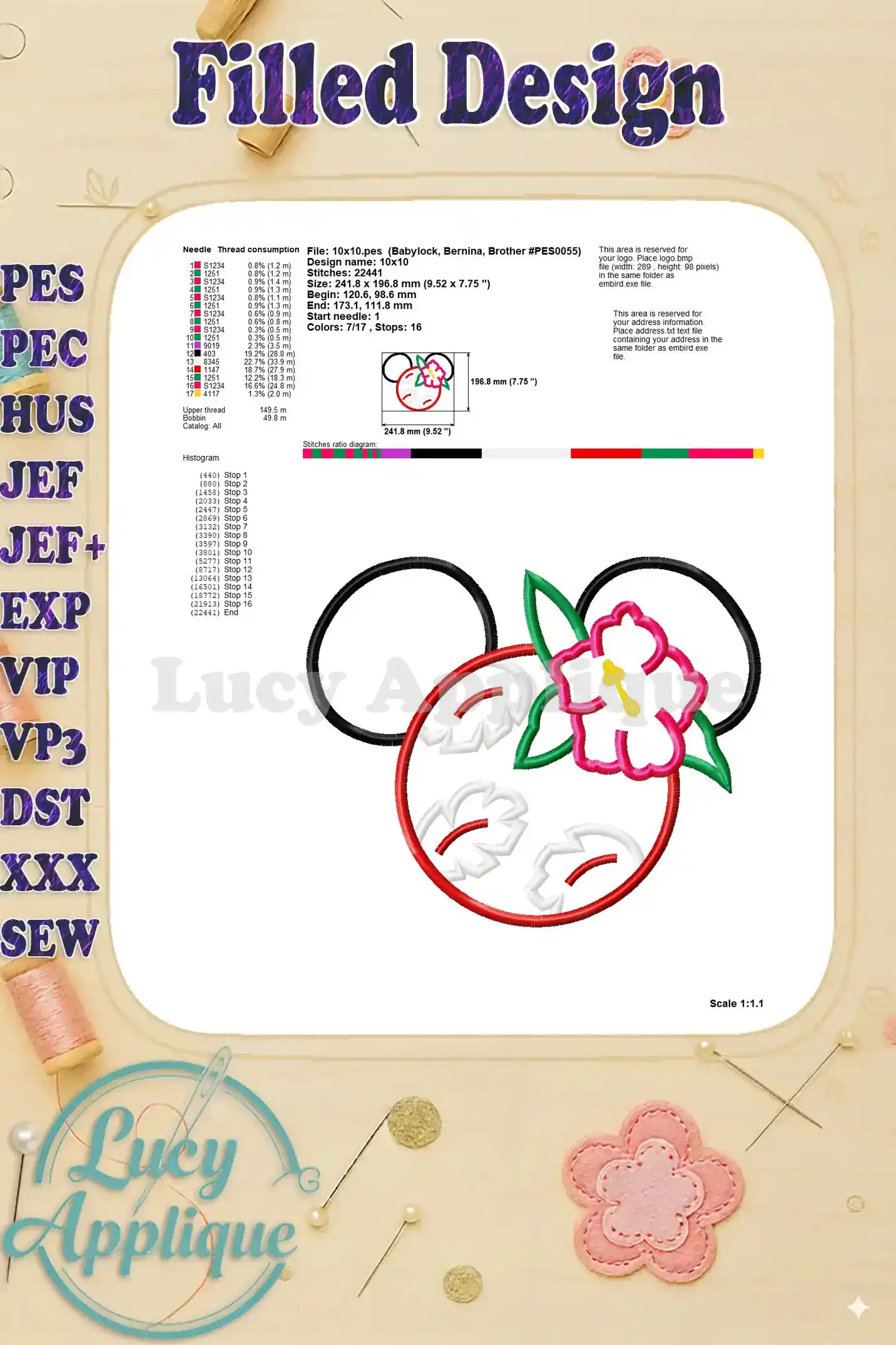Detailed information on thread consumption, design dimensions, and stitch count for the filled embroidery design.