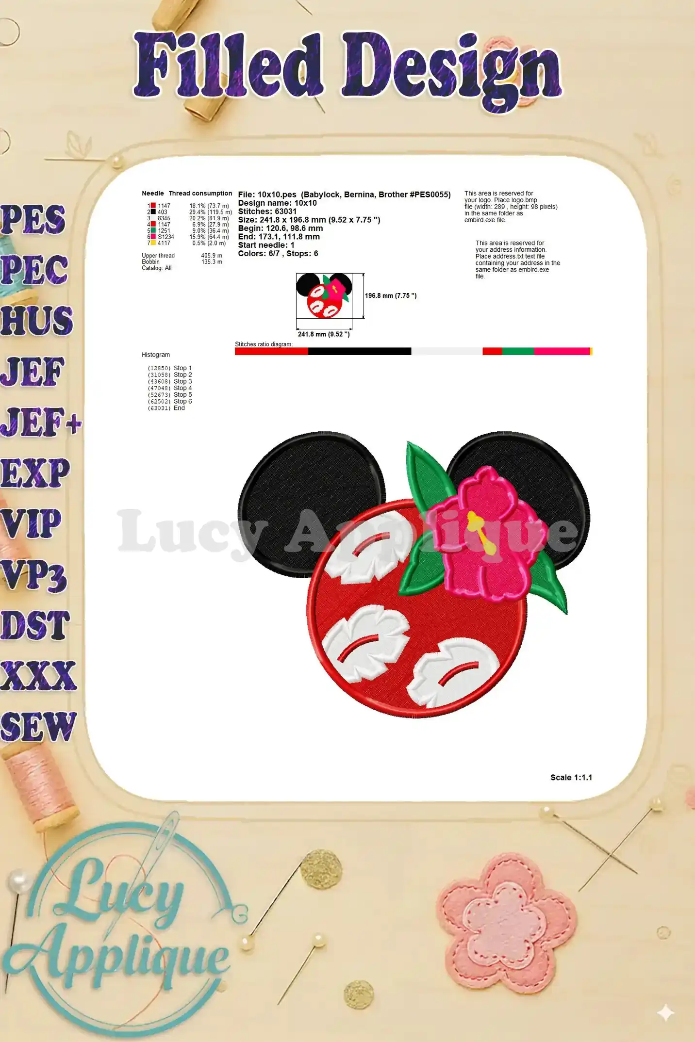 Technical specifications for the Lilo and Stitch Mickey ears embroidery design, including needle, thread, and stitch information.