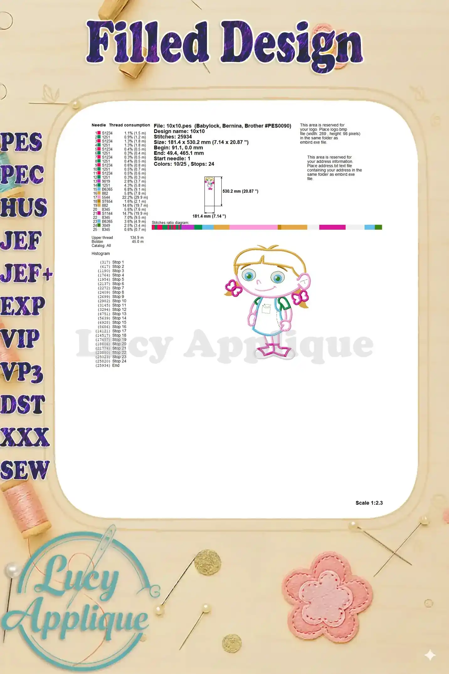 Filled design chart for the Little Einsteins Annie applique, showing detailed stitch information and thread consumption. A helpful resource for planning and executing your project.