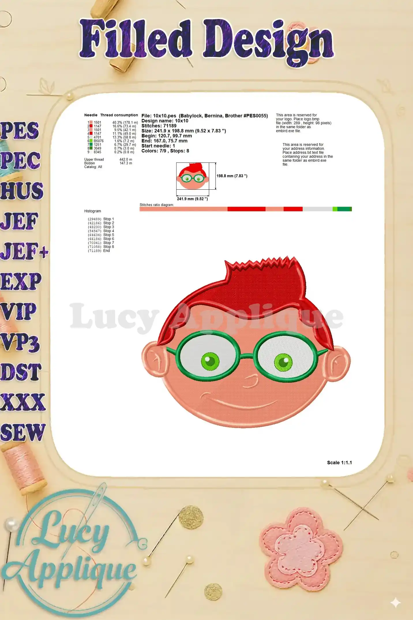 Detailed information about the embroidery design, including stitch count, size, needle type, and thread consumption. Useful for planning embroidery projects.