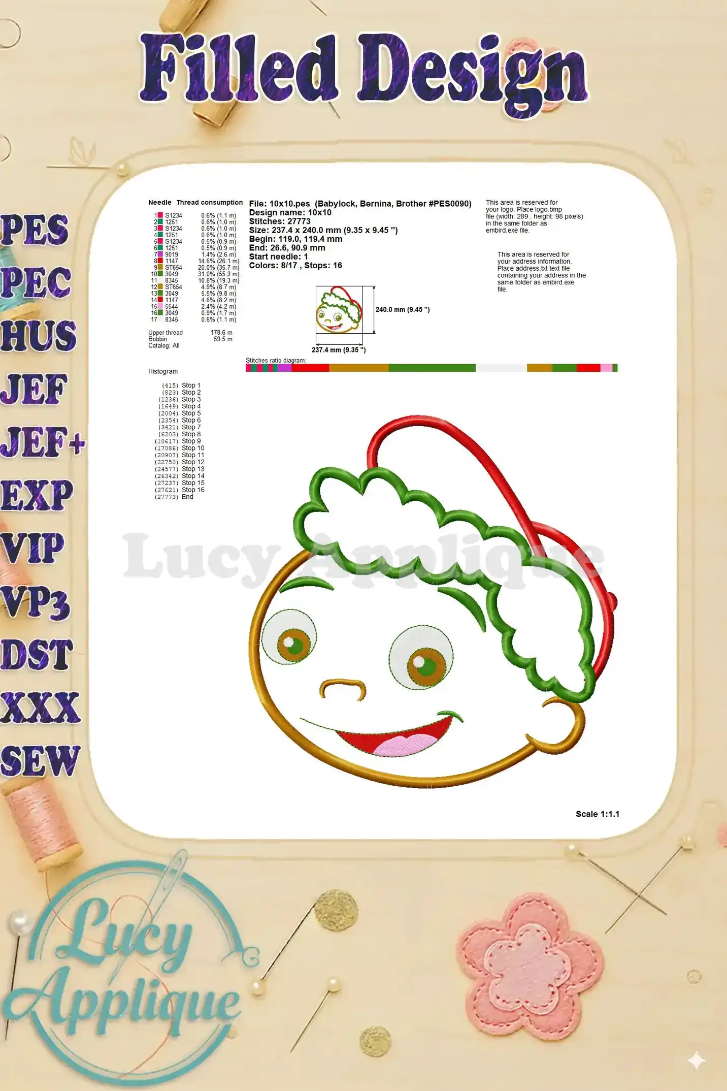 Additional information for the filled design, including thread consumption and stitch details for the Little Einsteins Quincy applique.