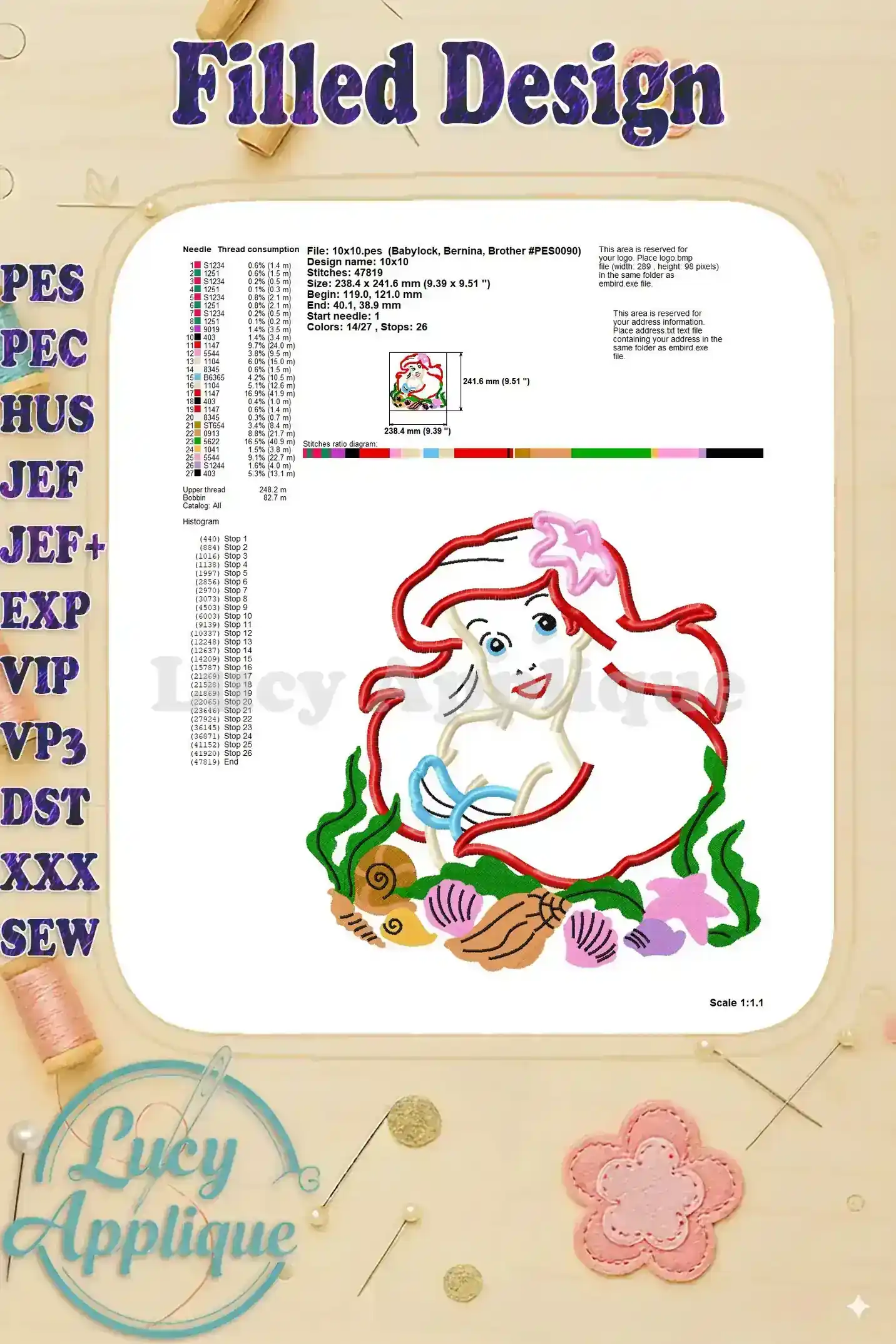 Detailed information about the filled design of Ariel, including needle thread consumption, design size, and stitch count. This information helps users prepare for their embroidery project.