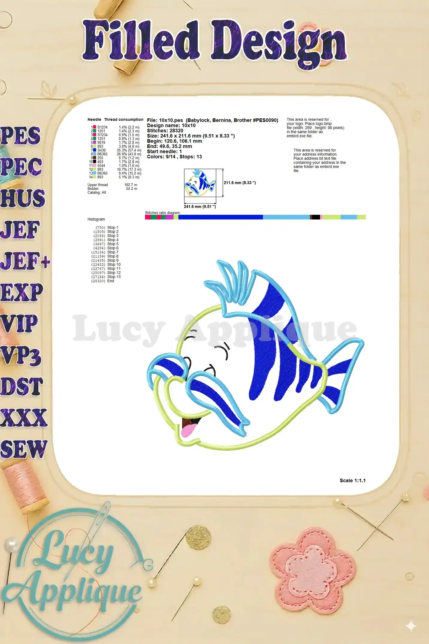 Detailed information about the filled Flounder embroidery design, including thread consumption, stitch count, and design dimensions.