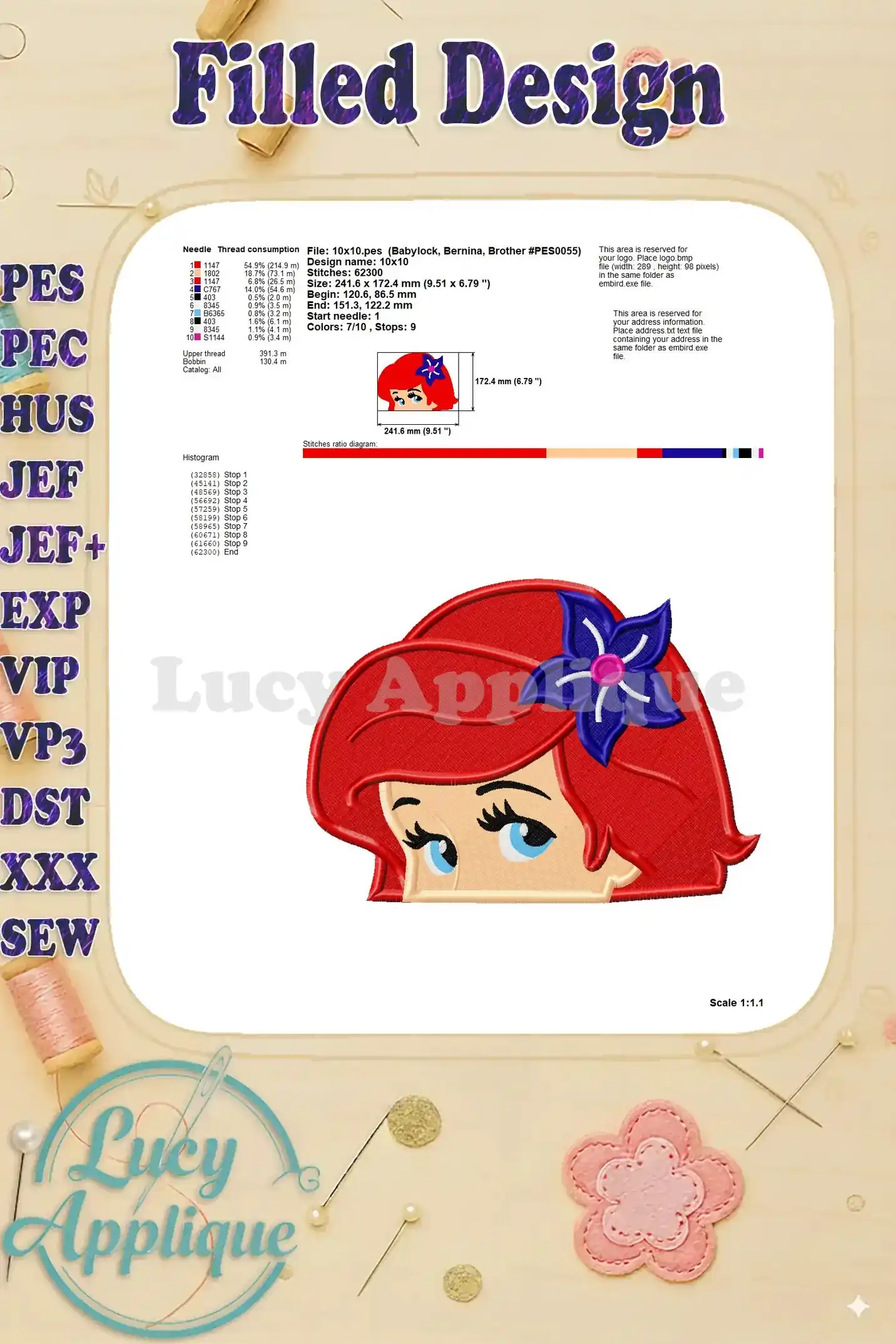 Detailed information about the embroidery design, including thread consumption, needle size, and design dimensions. A helpful guide for preparation.