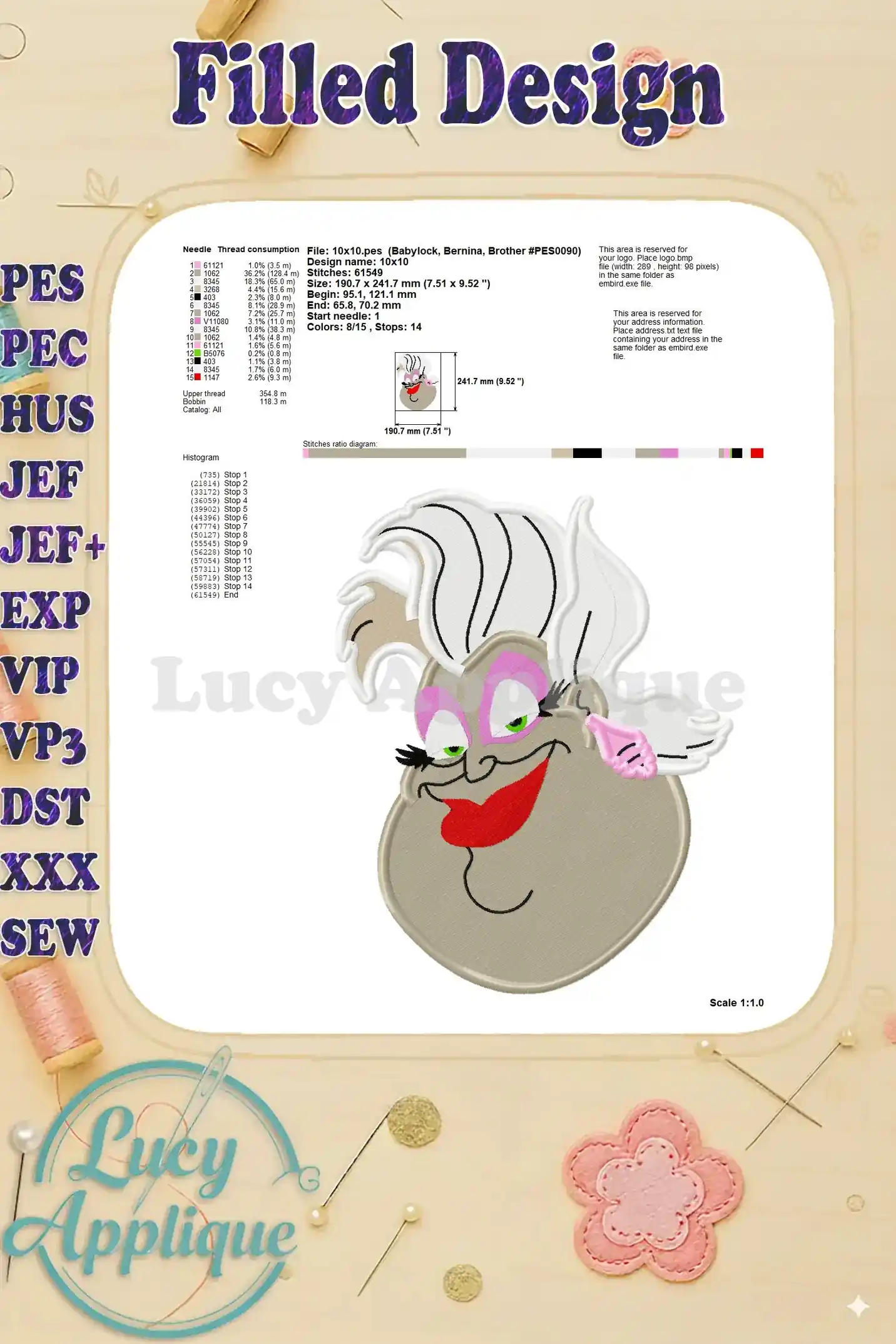 Embroidery design showcasing the finished Ursula embroidery, including needle thread consumption, stitch count, design dimensions and scale.
