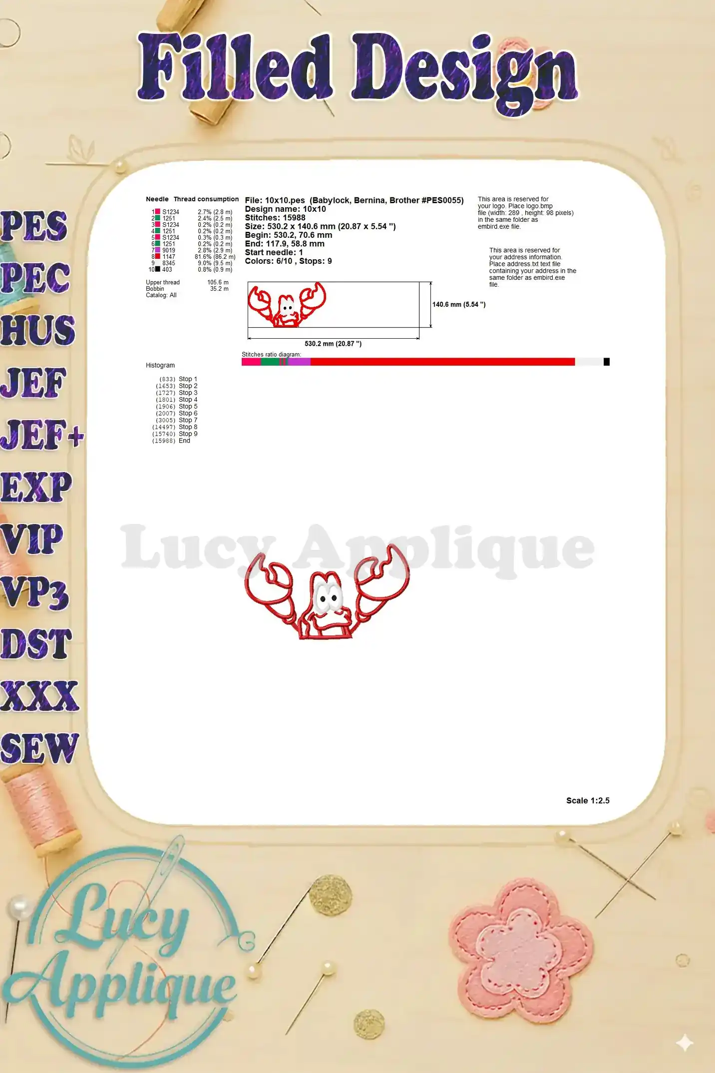 Additional filled design preview with needle and thread consumption details for Sebastian the crab applique embroidery. Technical information for embroiderers.