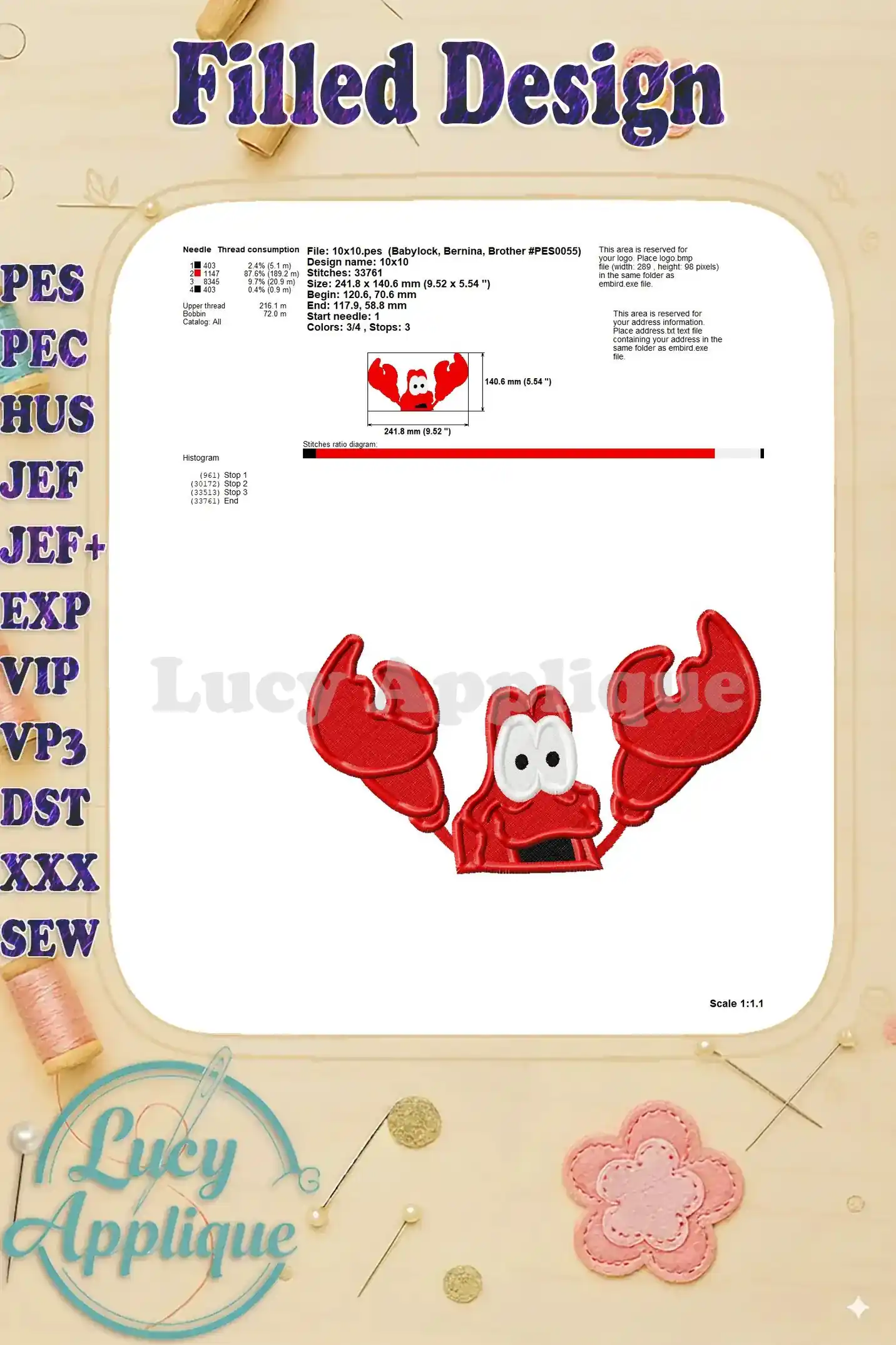 Technical specifications and needle thread consumption details for Sebastian the crab embroidery design. Includes a scale diagram of the design.