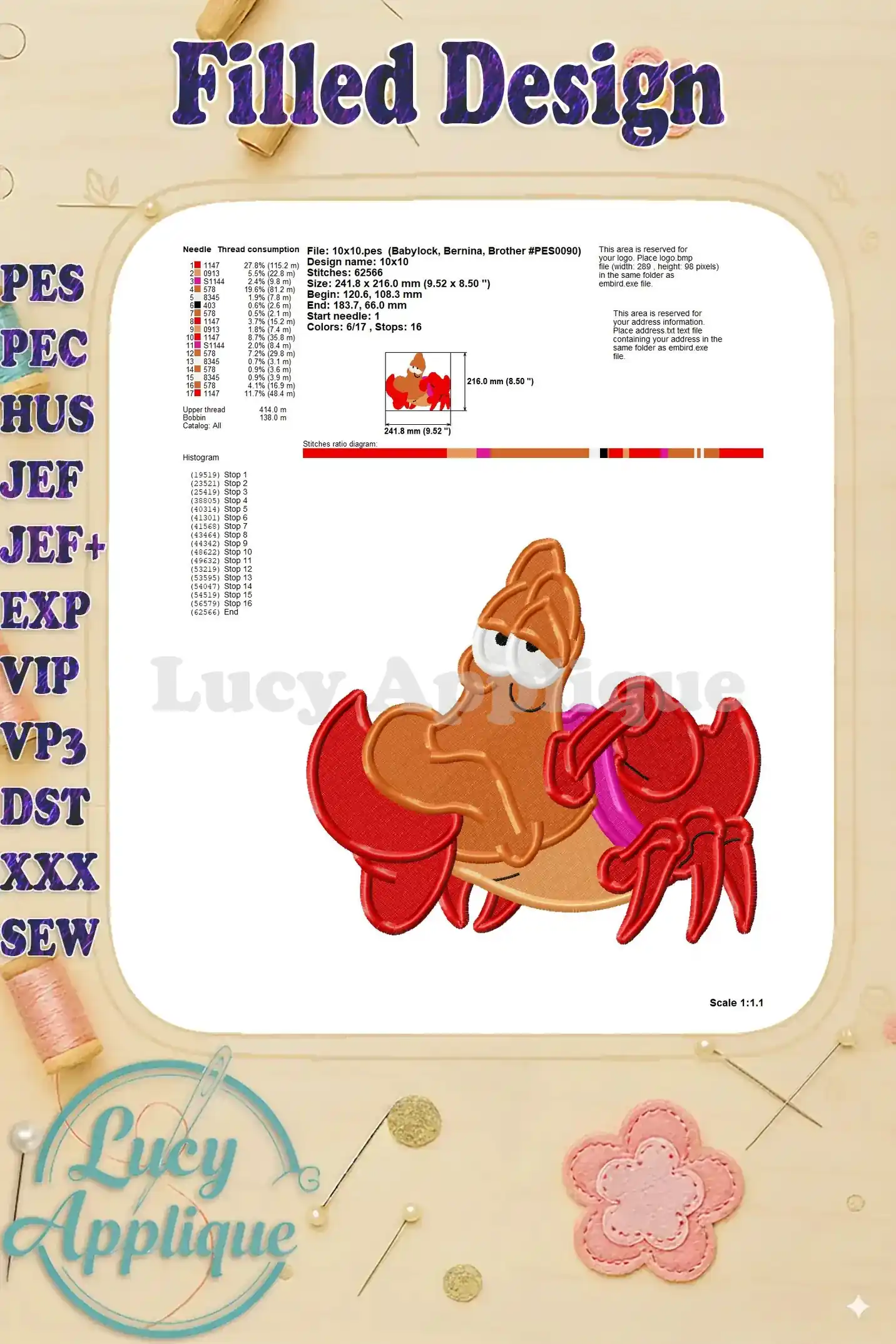 Shows thread usage, stitch density, and design dimensions. Ideal for planning your embroidery project and determining thread requirements.