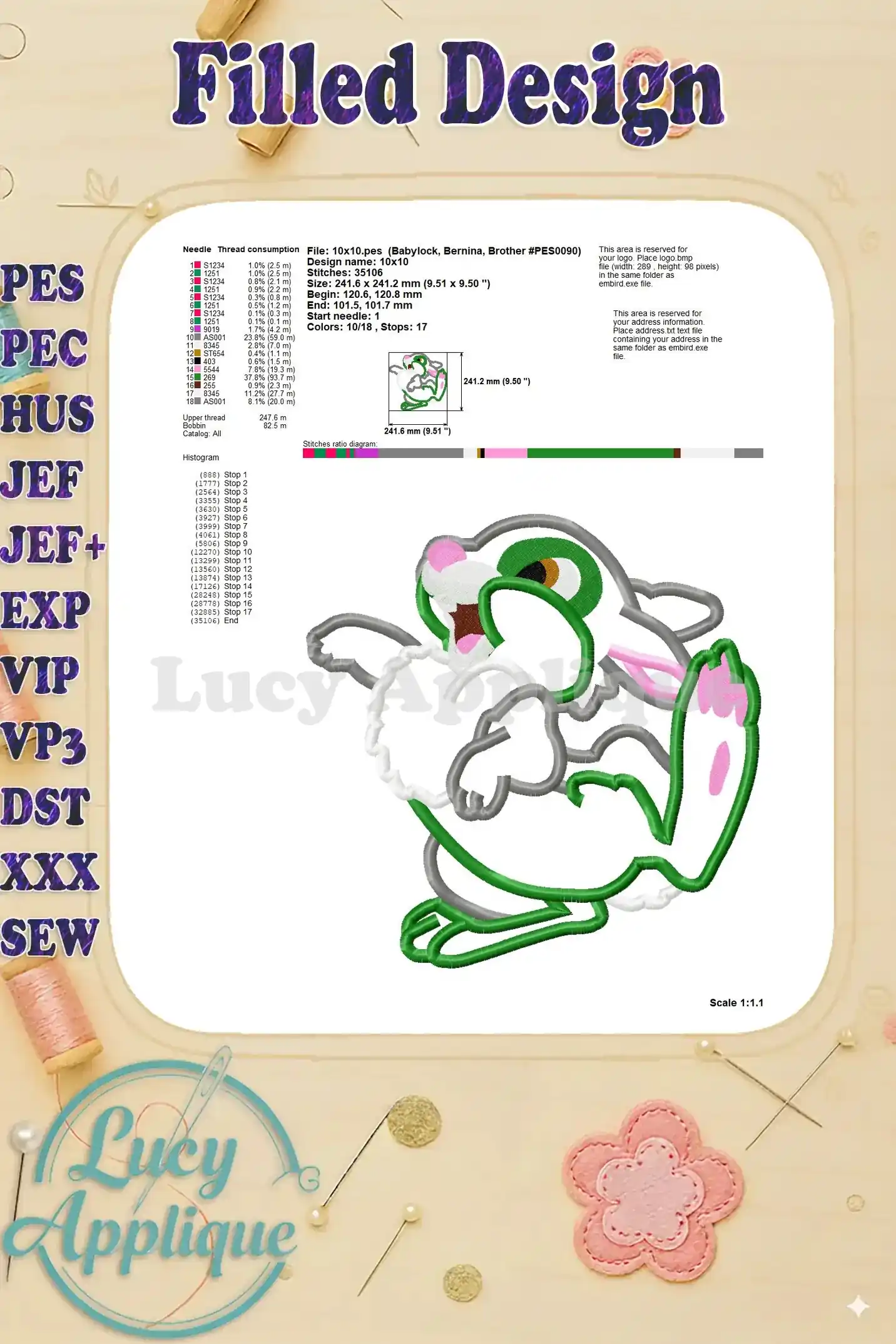 Detailed worksheet for the filled Thumper Bambi applique design, including needle type, thread consumption, stitch count, and other relevant details.