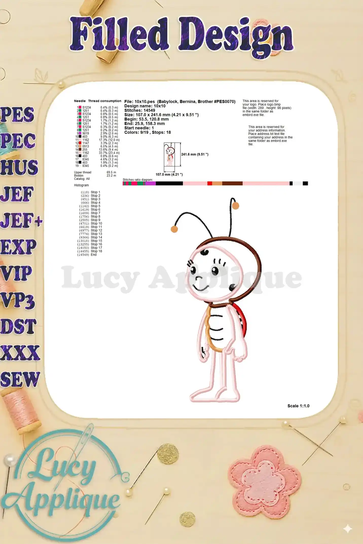 Detailed information on needle, thread consumption, and stitch diagram for the Lara Maya the Bee applique embroidery design.