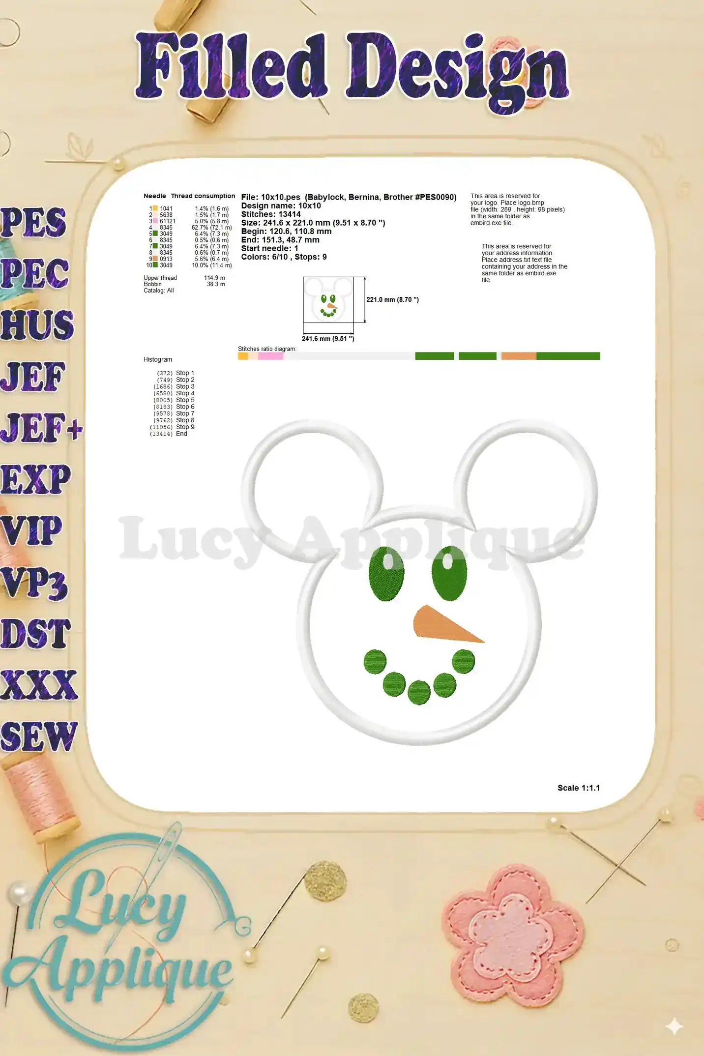 Filled design worksheet showing the needle and thread consumption for the applique design. Also shows the design's dimensions and stitch details.