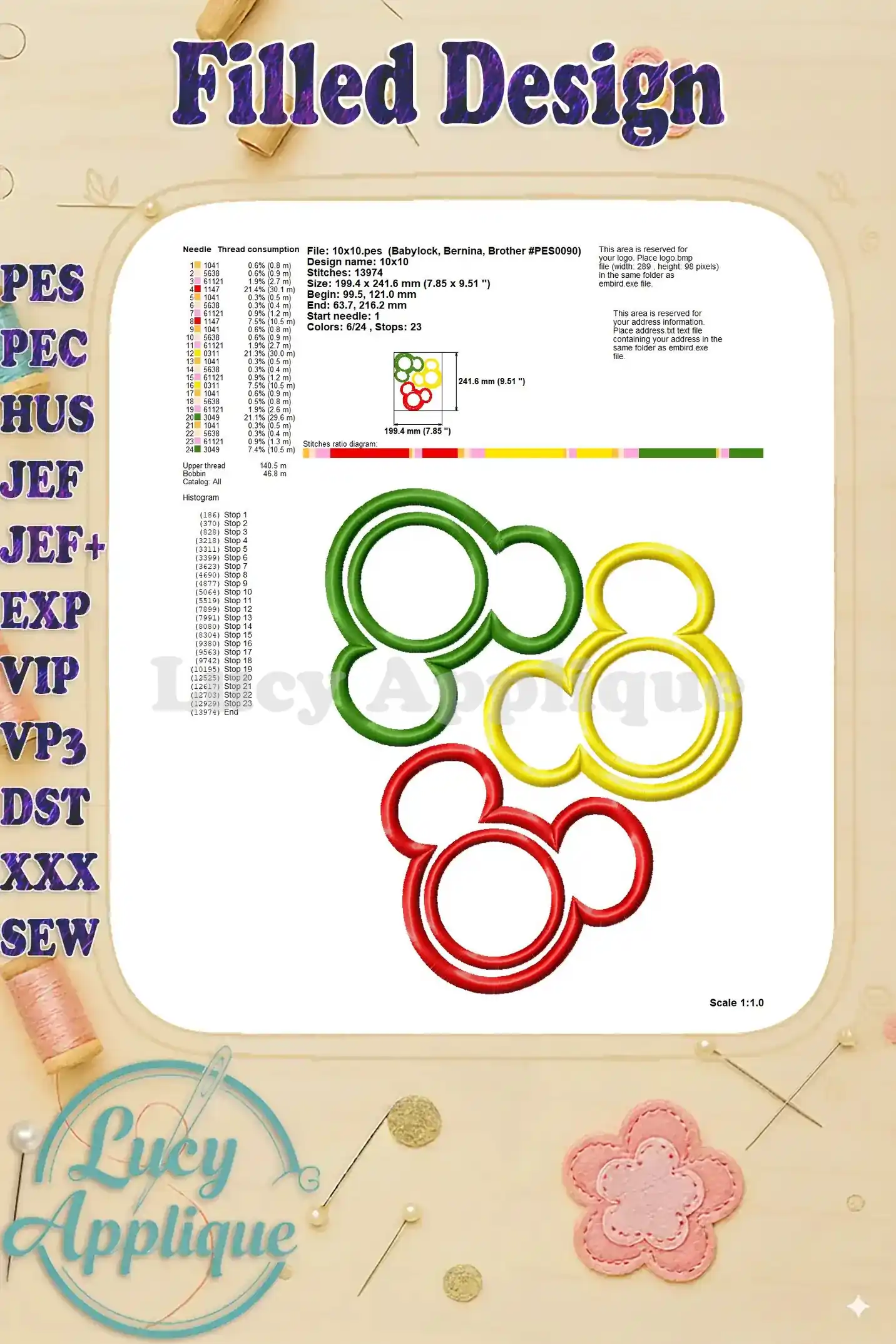 Detailed information on thread consumption, stitch details, and design specifications for the filled Mickey Mouse design.