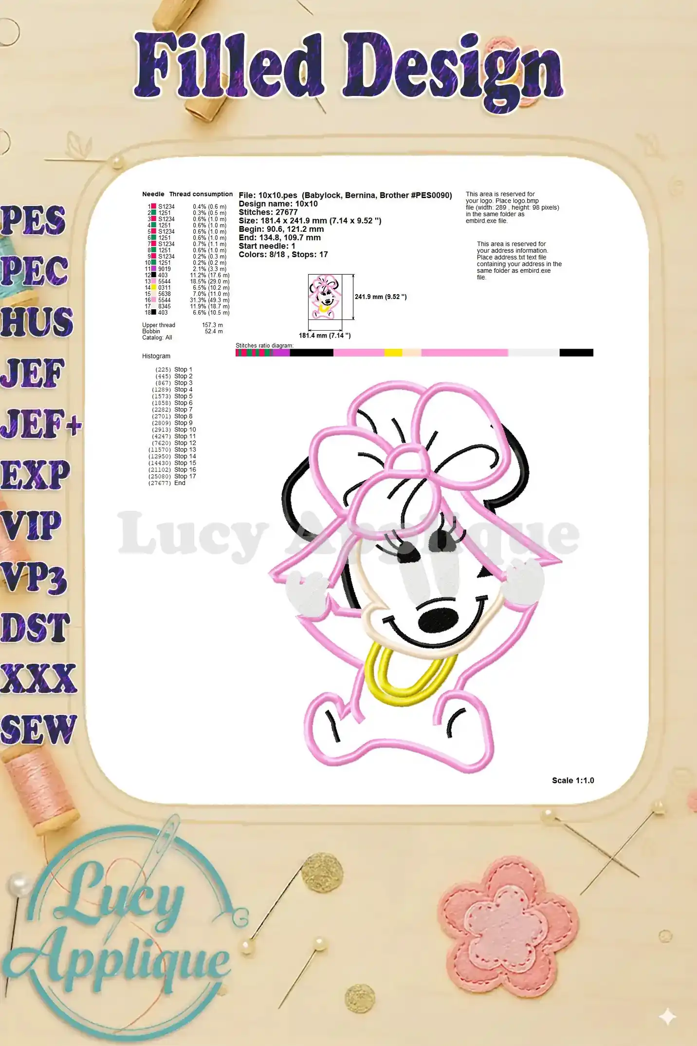 Detailed information about the filled Baby Minnie Mouse applique design, including thread consumption, stitch details, and design dimensions.