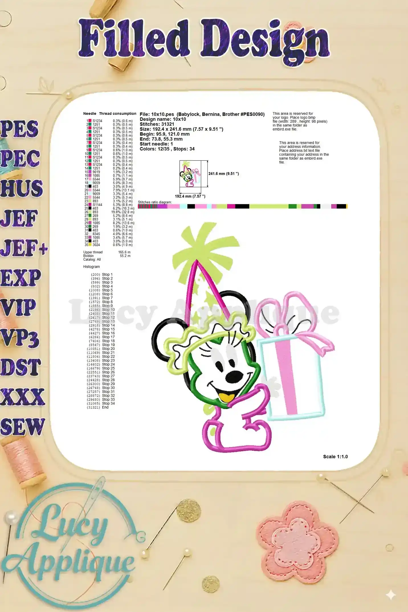 Filled design sheet for the Baby Minnie Mouse birthday applique, showing thread usage and stitch details for the filled areas.