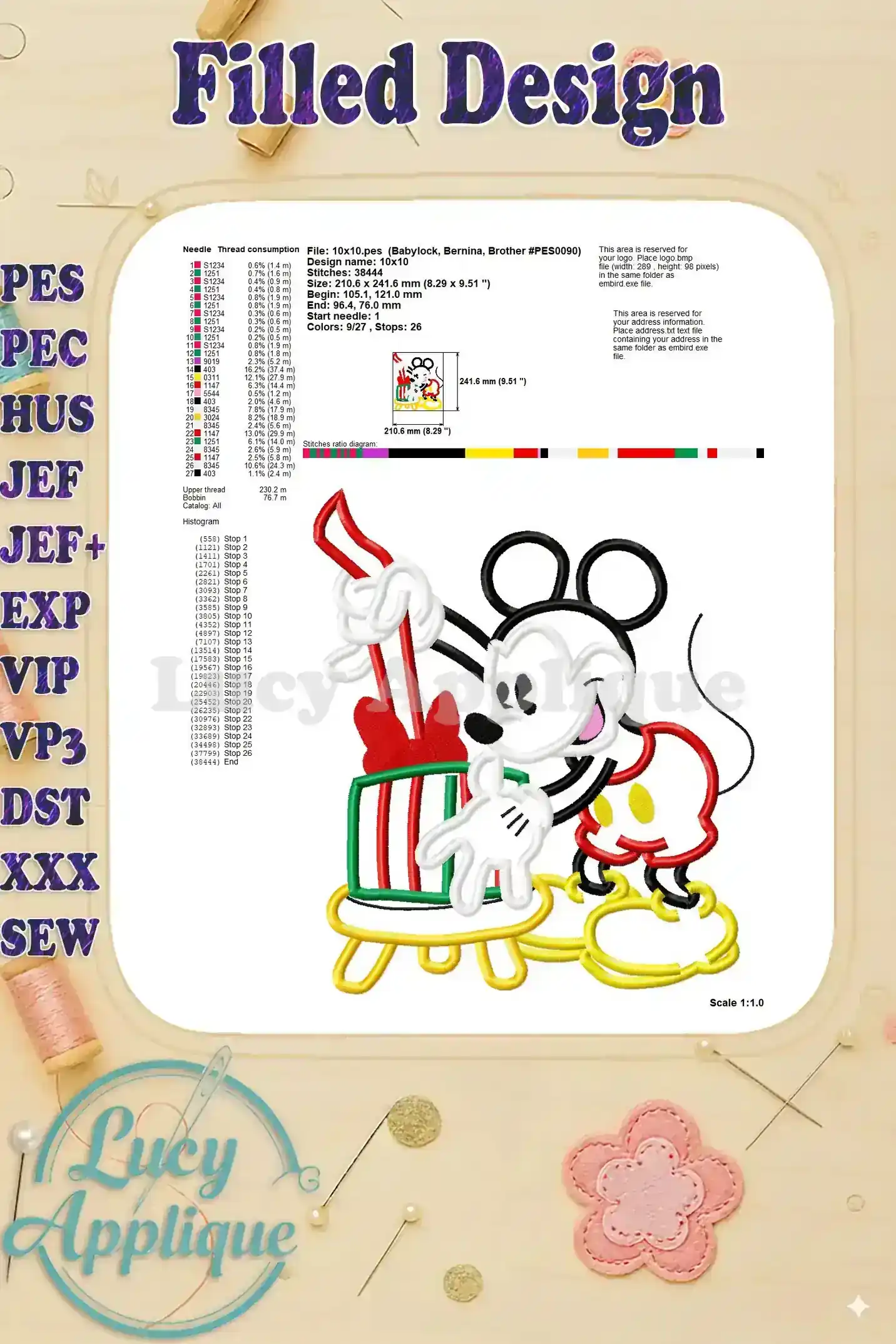 Detailed information about thread consumption, stitch diagram, and other essential details for the Classic Mickey Mouse Gift Applique embroidery.