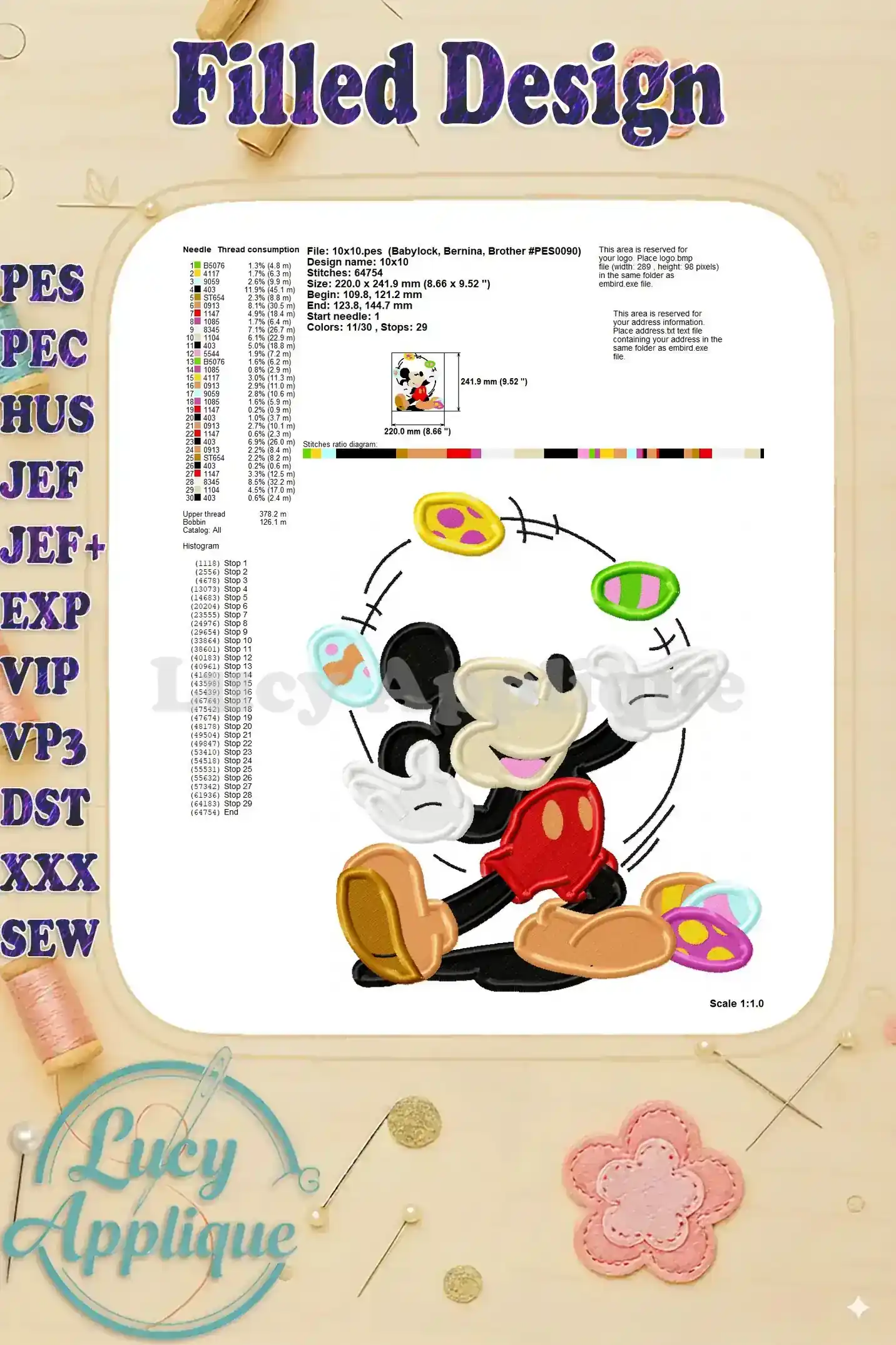 Another detailed view of the Easter Eggs Mickey Mouse embroidery design, showing the design's size, stitch count, and thread consumption. This image provides technical specifications for the design.
