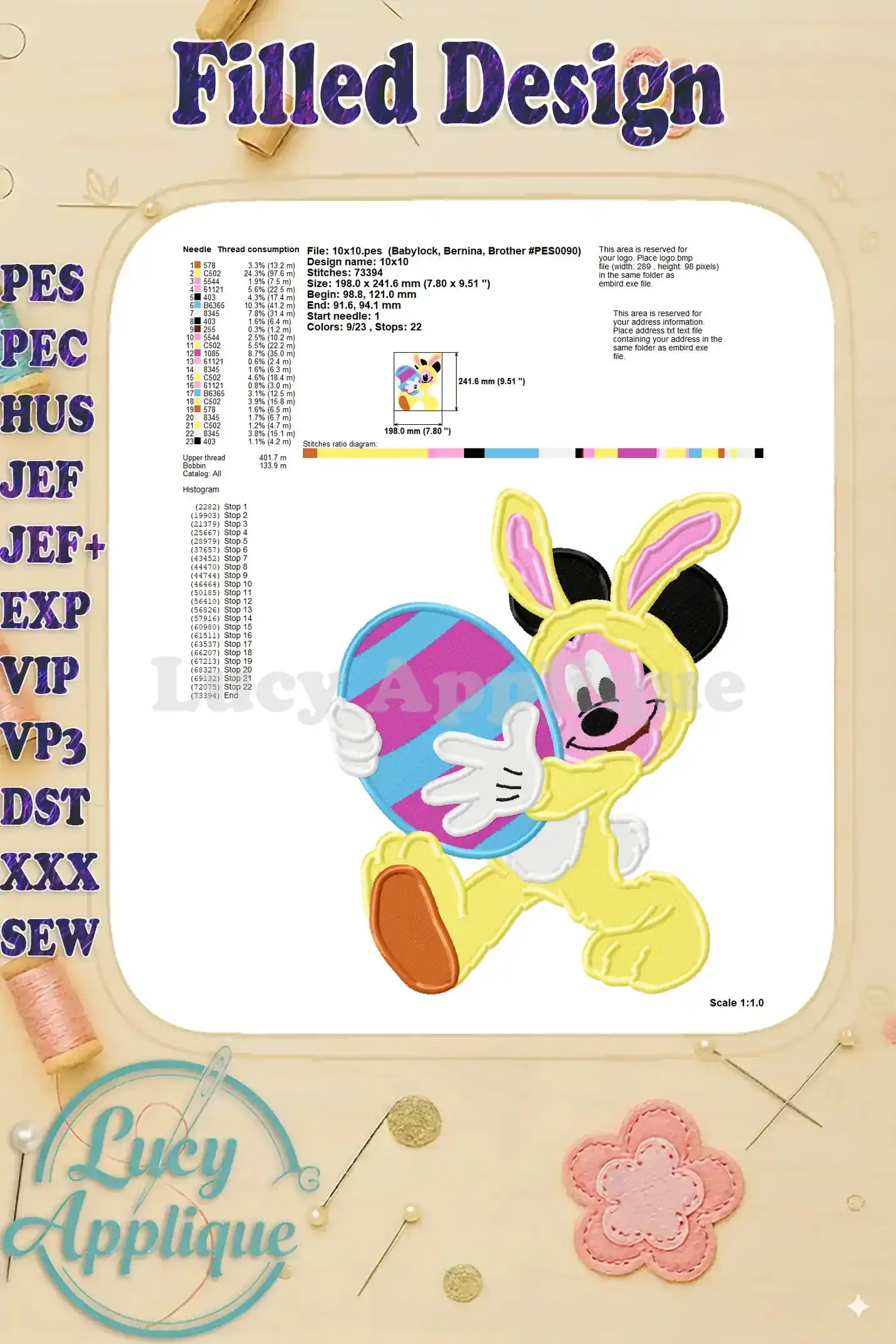 Needle thread consumption chart and design details for the Easter Mickey Bunny embroidery design, showing size and stitch count.