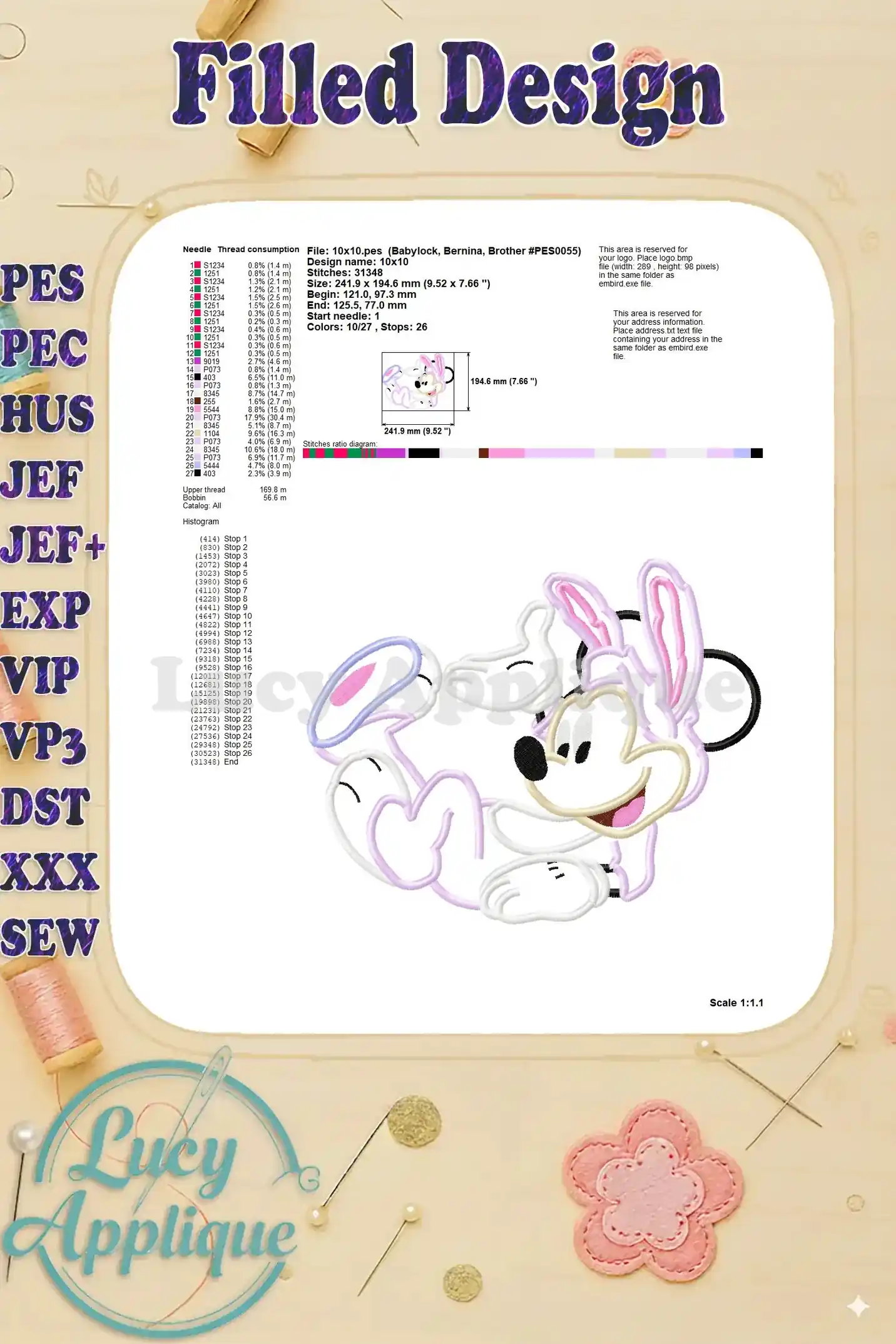 Detailed information about the filled Easter Mickey Mouse applique design, including stitch count and thread consumption.