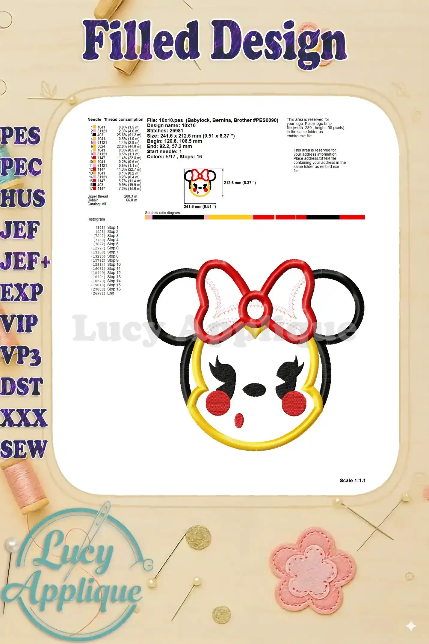 Detailed information on thread consumption, stitch details, and design specifications for the Emoji Minnie Mouse embroidery design.