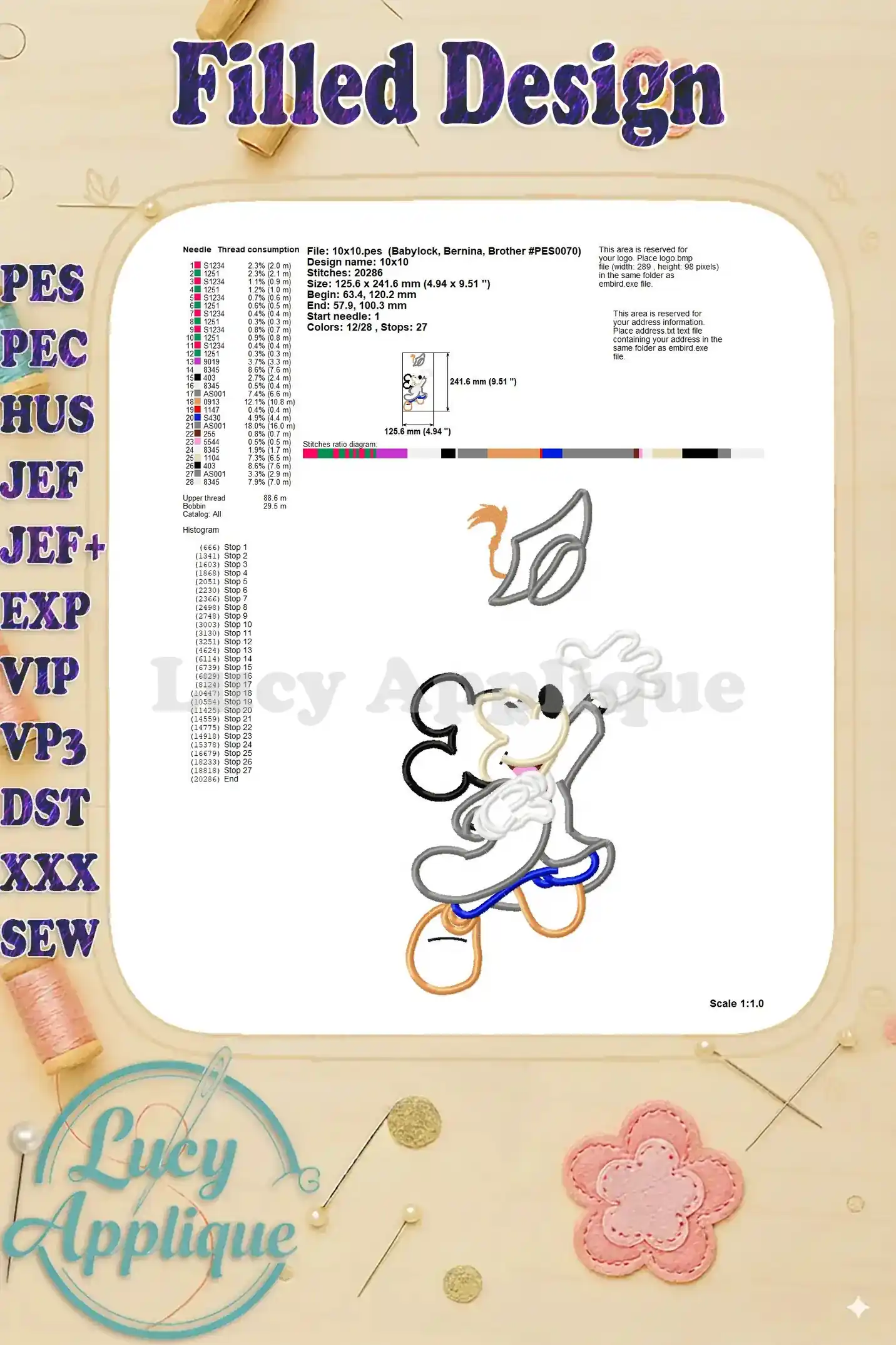 Filled design details for the Graduation Mickey Mouse Applique, including needle and thread information. Easy to use guide.