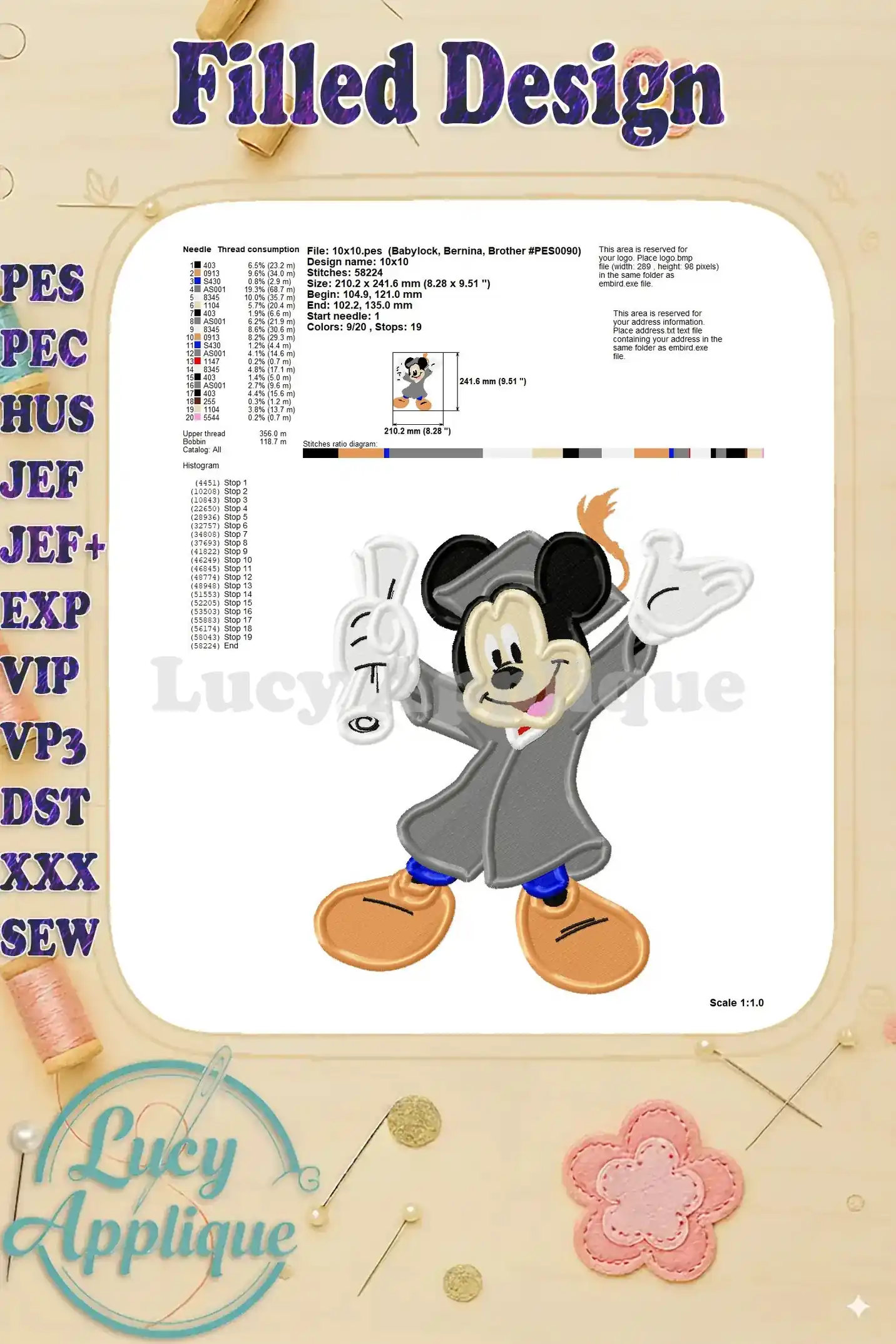 Needle thread consumption chart and design specifications for the Graduation Mickey Mouse embroidery design. Useful for preparation and planning.