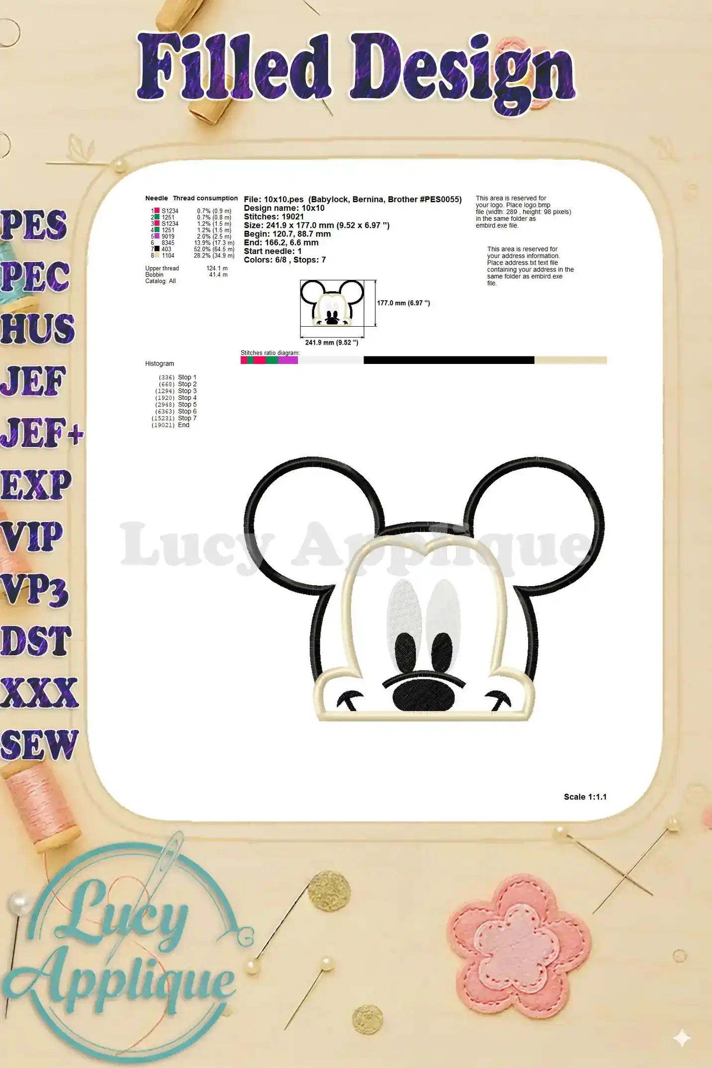 Detailed information on thread consumption, design dimensions, stitch density, and other technical specifications for the filled Mickey Mouse embroidery design.