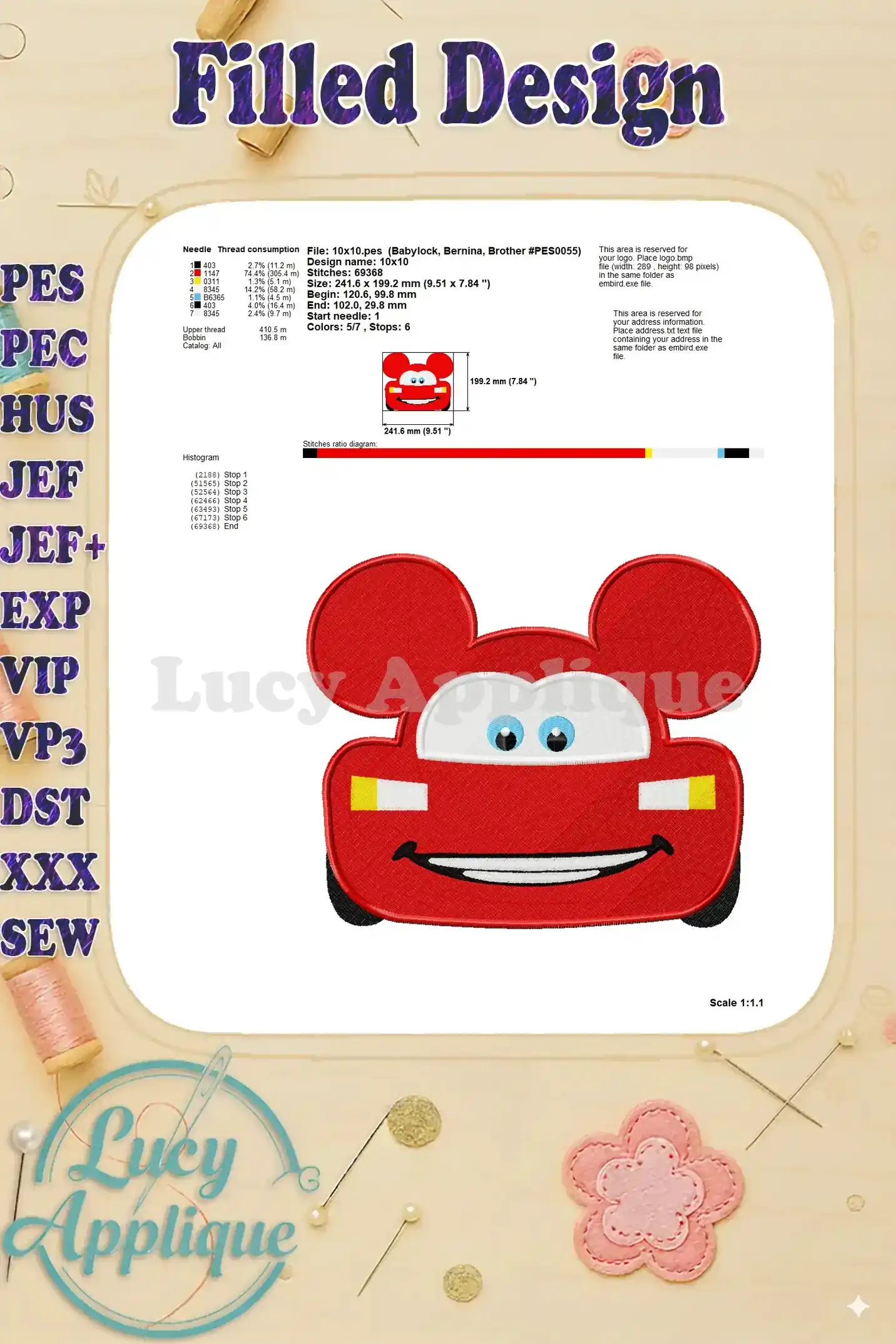 Needle thread consumption chart and other relevant details for the Lightning McQueen Mickey Mouse filled embroidery design, including size, stitches, and stops.