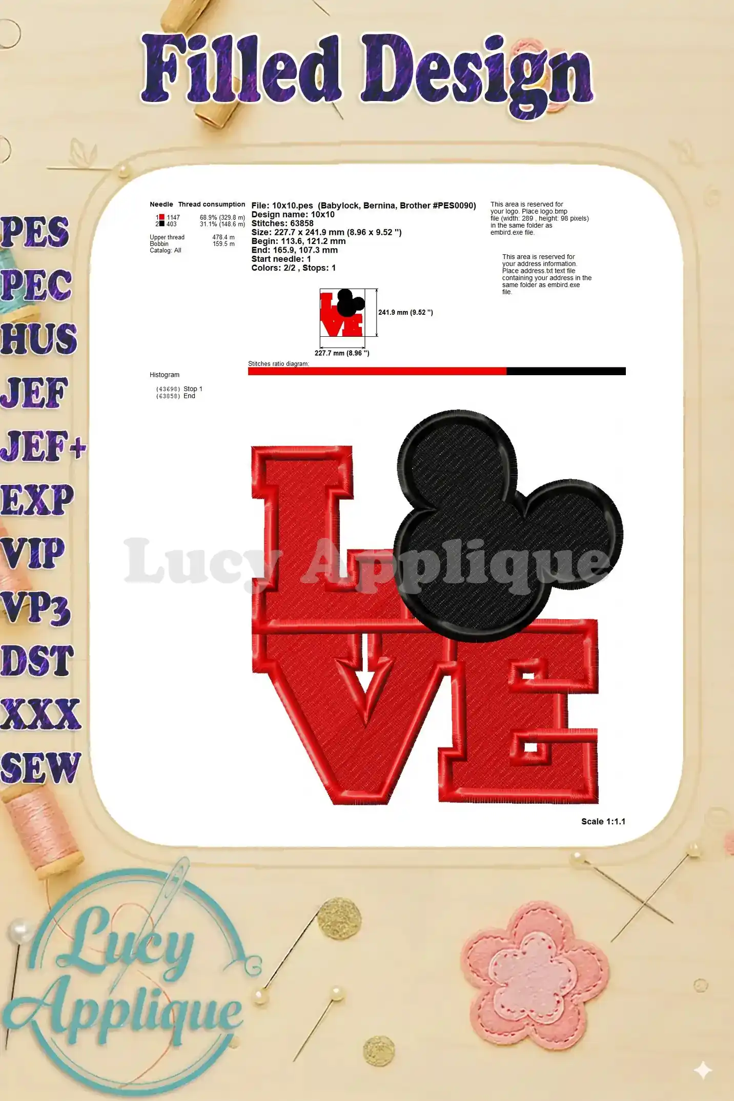 This technical drawing shows the needle and thread consumption for the Mickey Mouse "LOVE" embroidery design, along with other essential details.