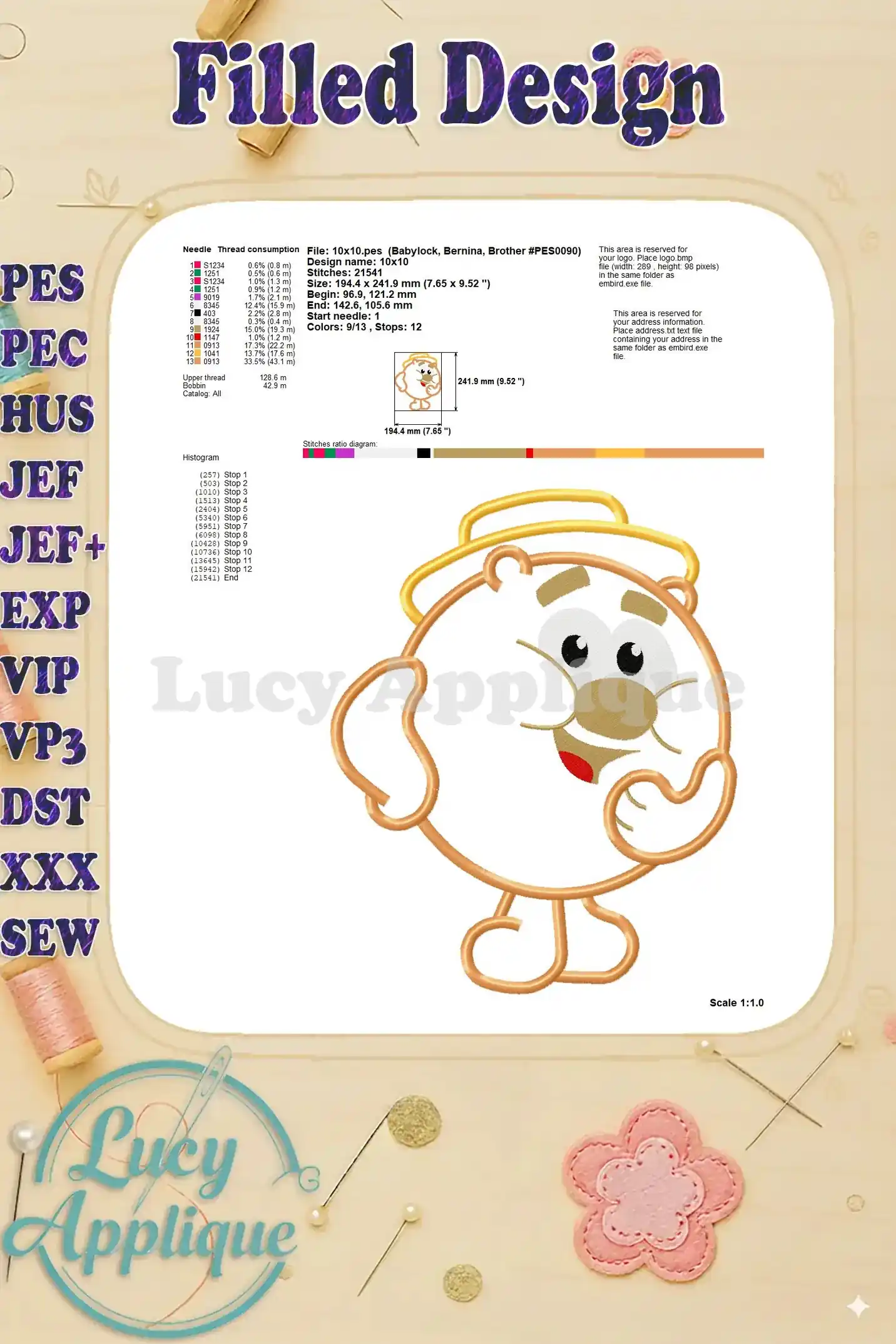 Detailed information about the filled Bear applique design, including needle thread consumption and stitch diagram.