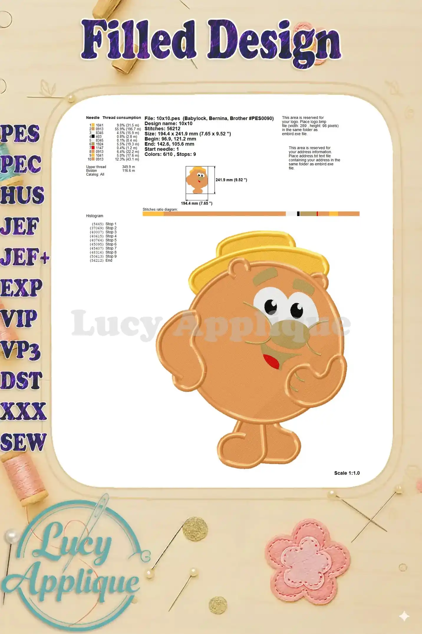 Needle and thread consumption chart for the Bear embroidery design. Provides info on thread types, amount, and needle size.