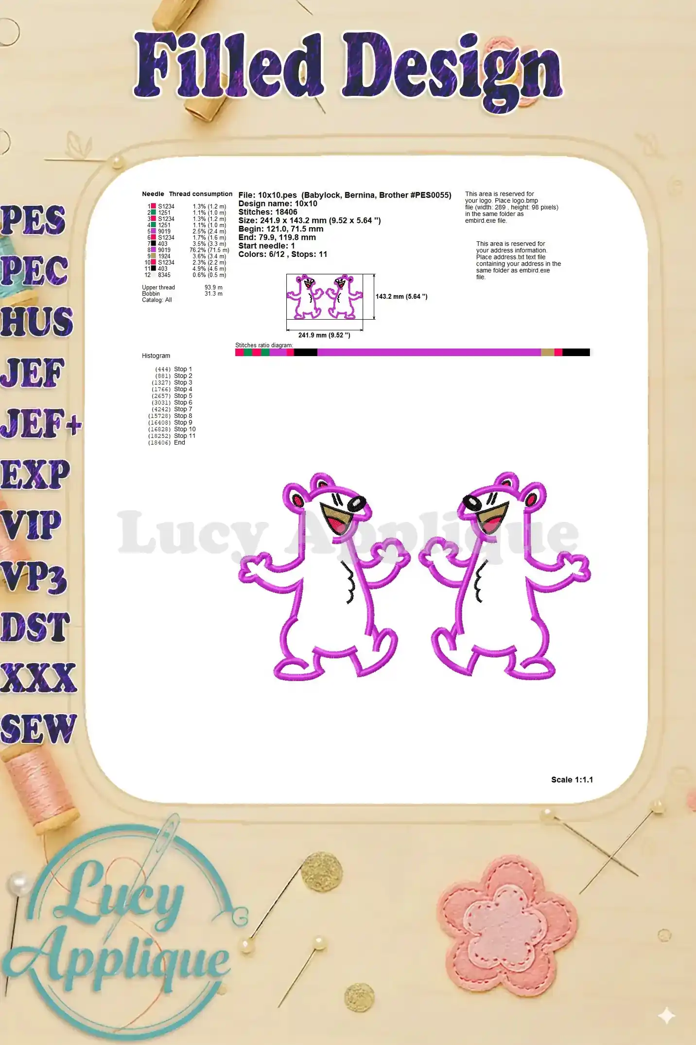 Detailed information on thread consumption, stitch details, and design specifications for the Pip and Pop filled design.