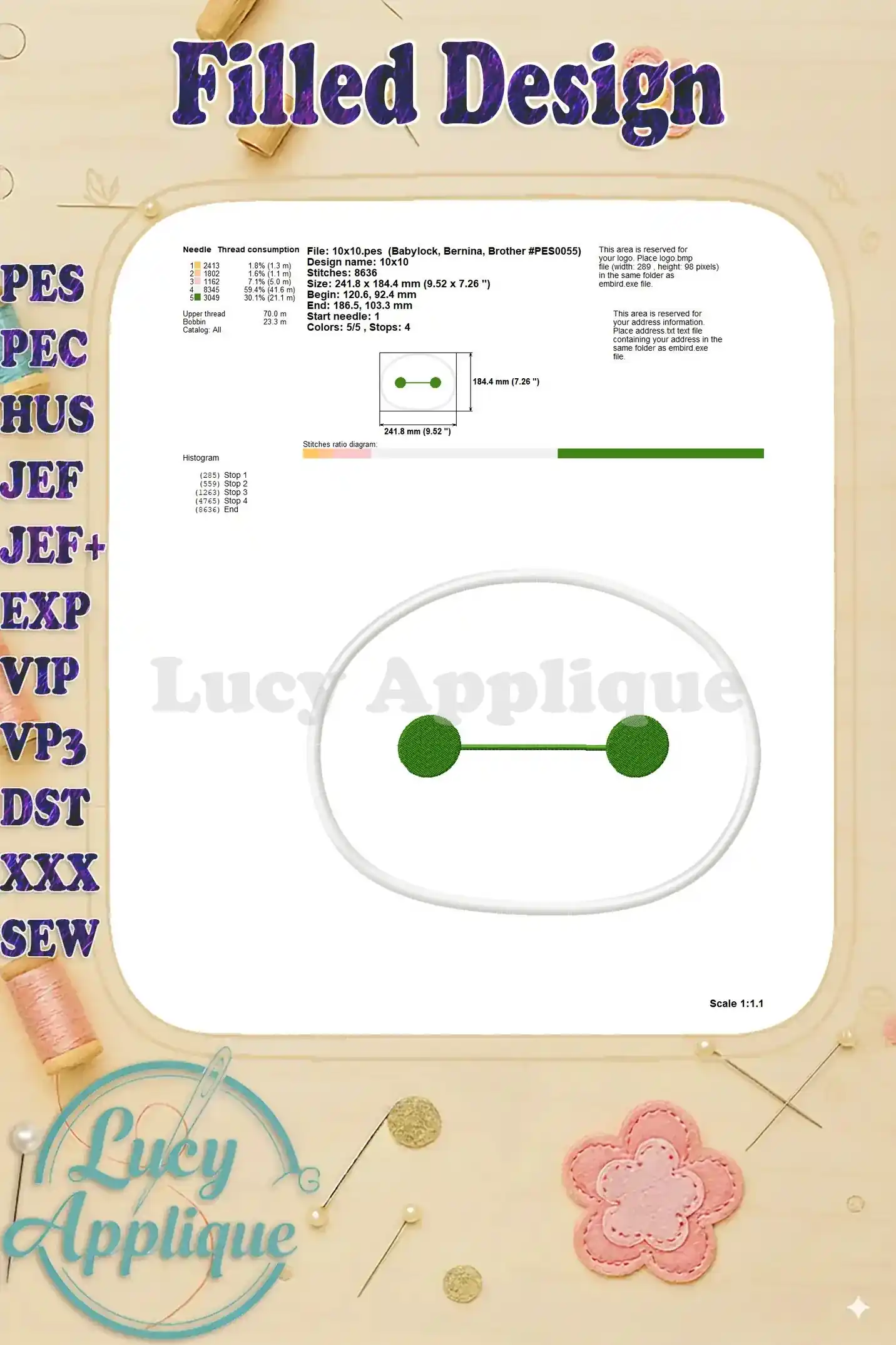 Detailed information on thread consumption and design specifications for the Baymax applique embroidery design.