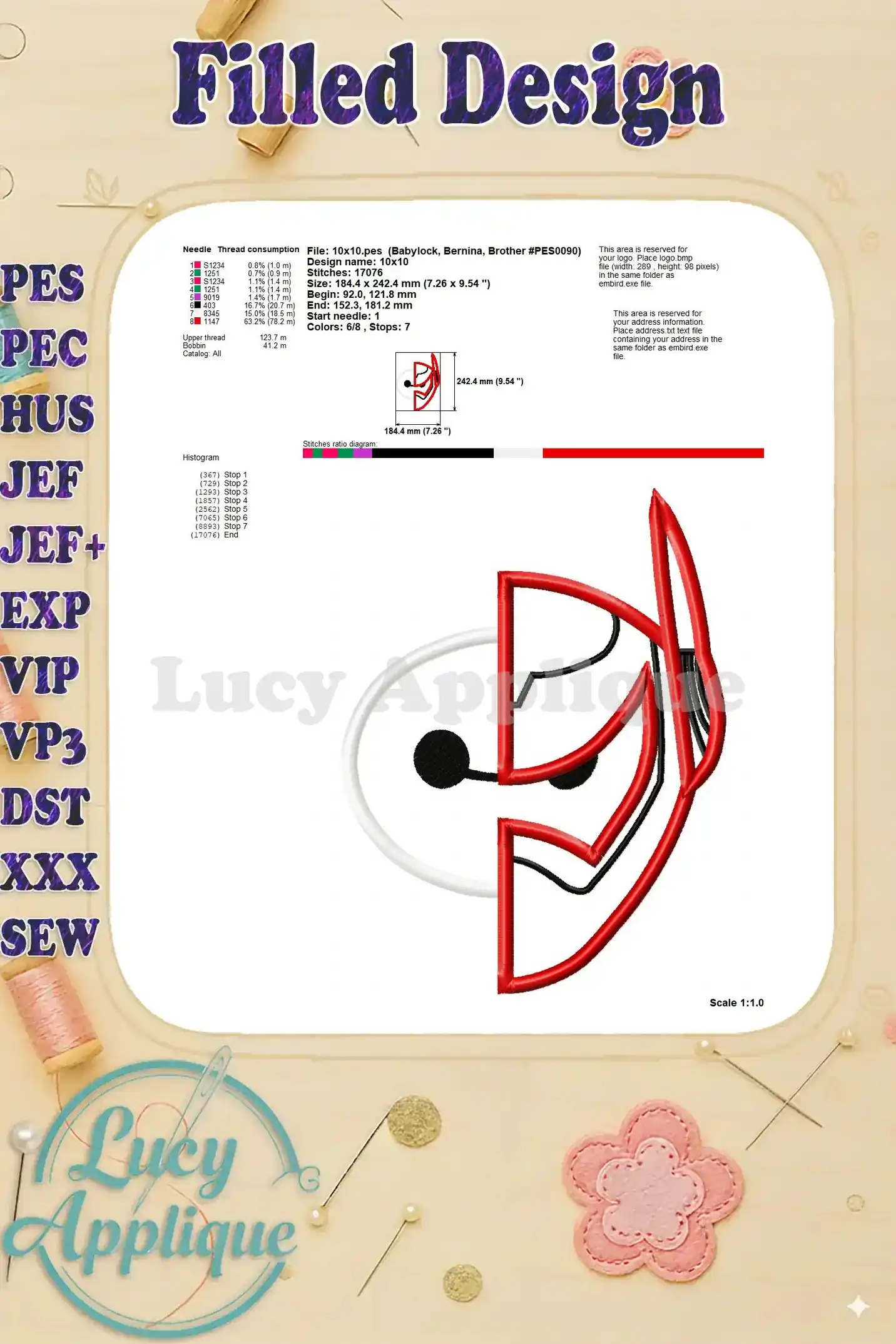 Technical specifications for the filled embroidery design, including dimensions, stitch count, and needle consumption details for the Big Hero 6 applique.